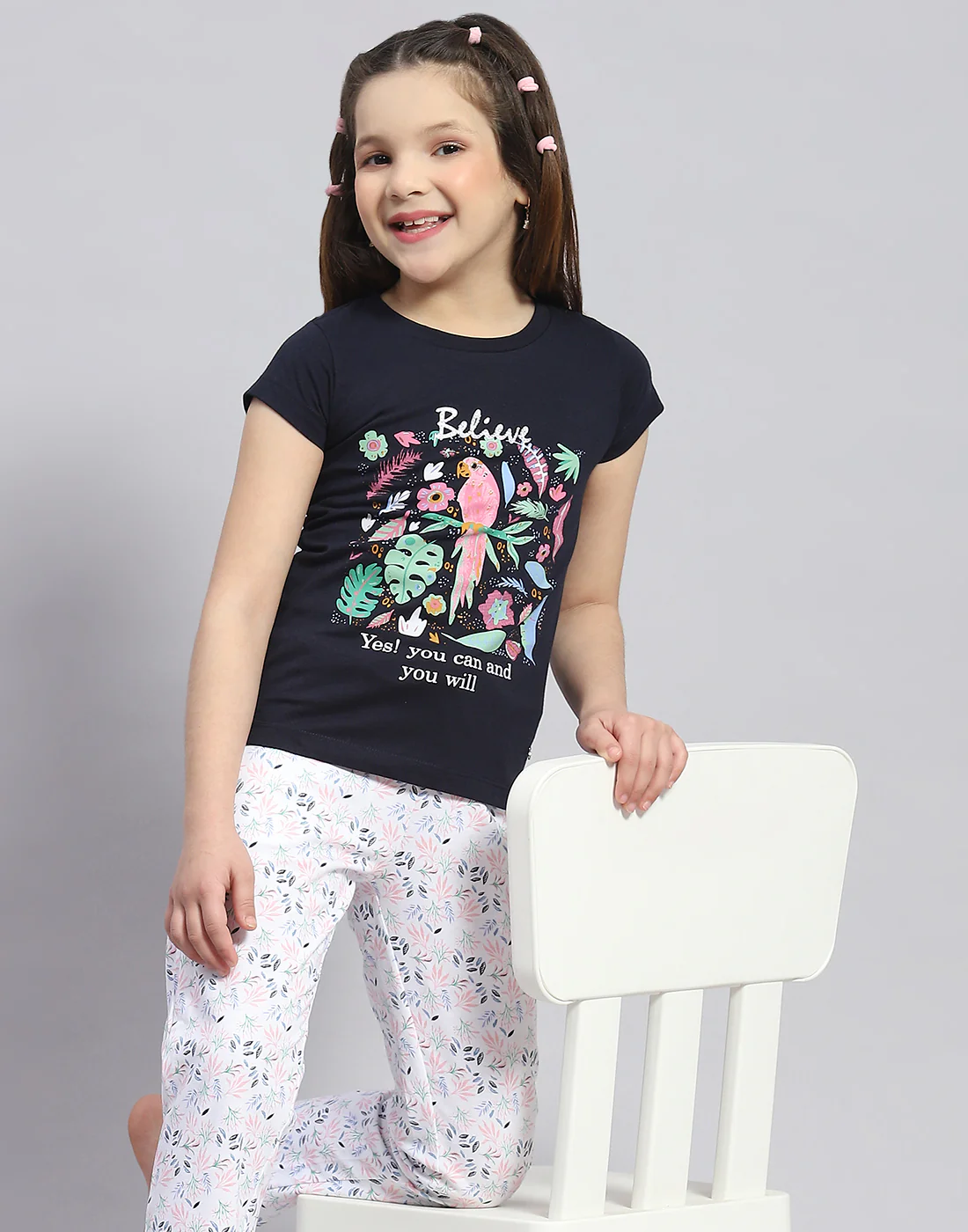 Girls Navy Blue Printed Round Neck Half Sleeve Lower Set - Image 6