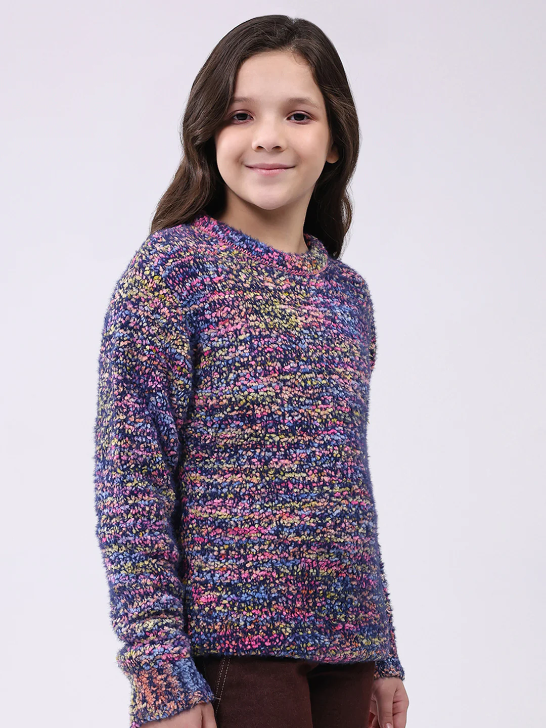 Girls Navy Blue & Purple Self Design Round Neck Full Sleeve Pullover - Image 4