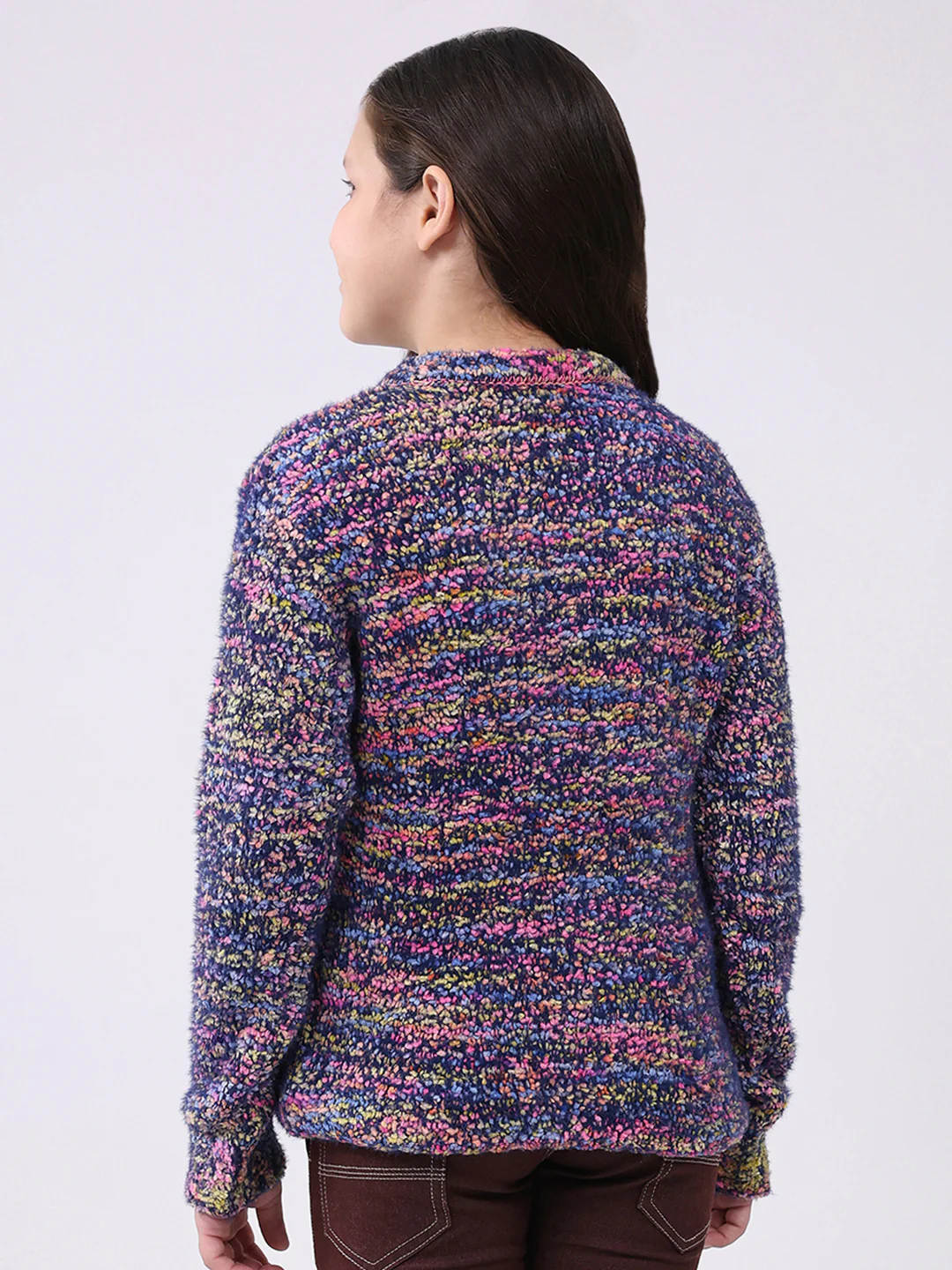 Girls Navy Blue & Purple Self Design Round Neck Full Sleeve Pullover - Image 5