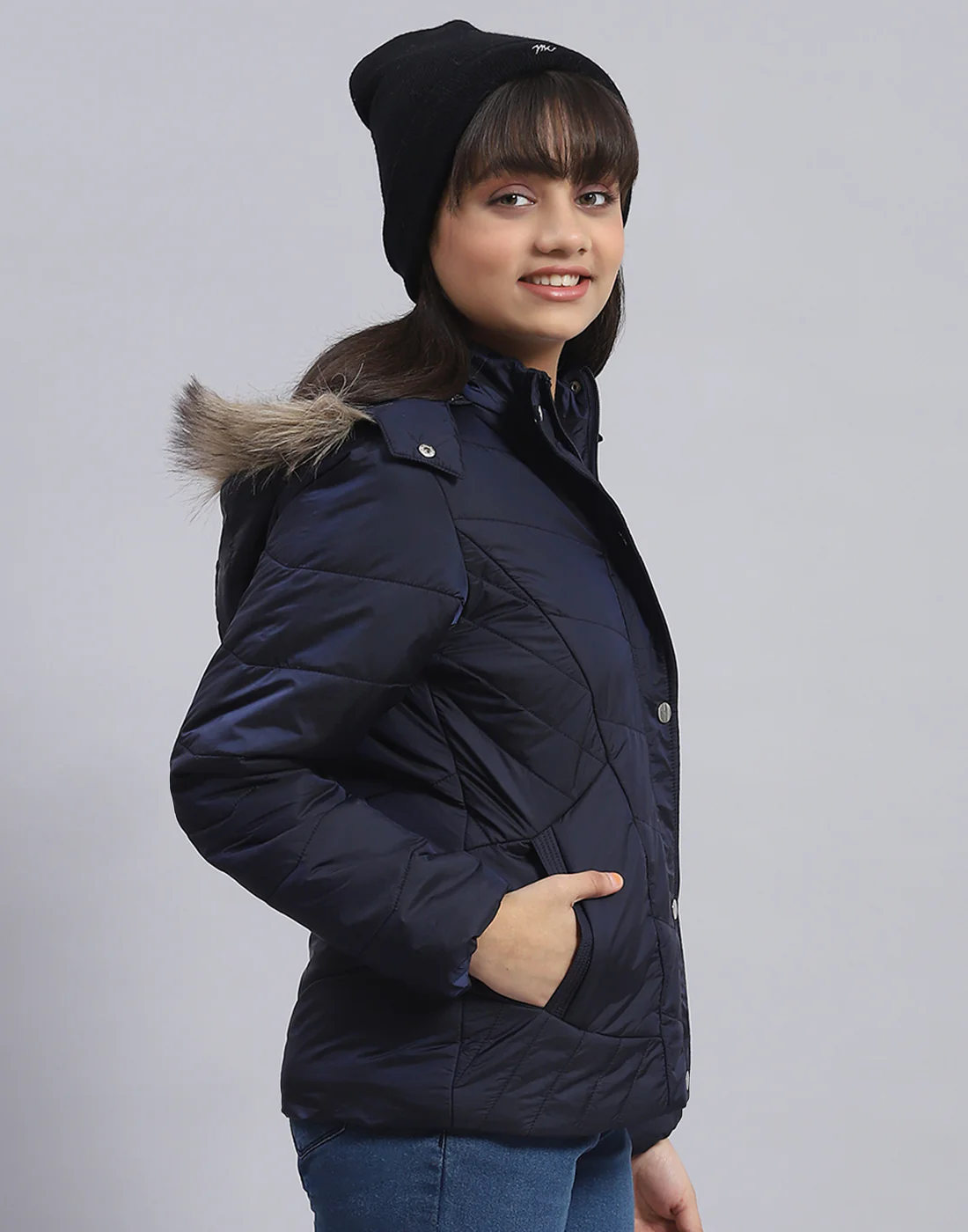 Girls Navy Blue Solid Hooded Full Sleeve Girls Jacket - Image 4