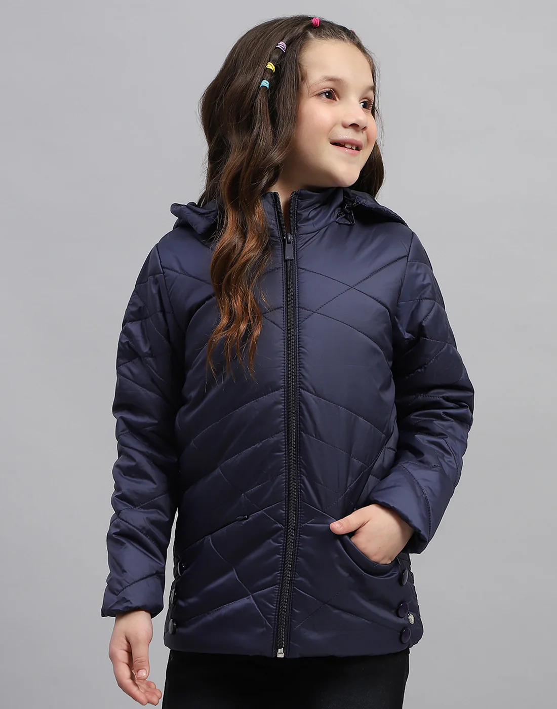 Girls Navy Blue Solid Hooded Full Sleeve Jacket - Image 2