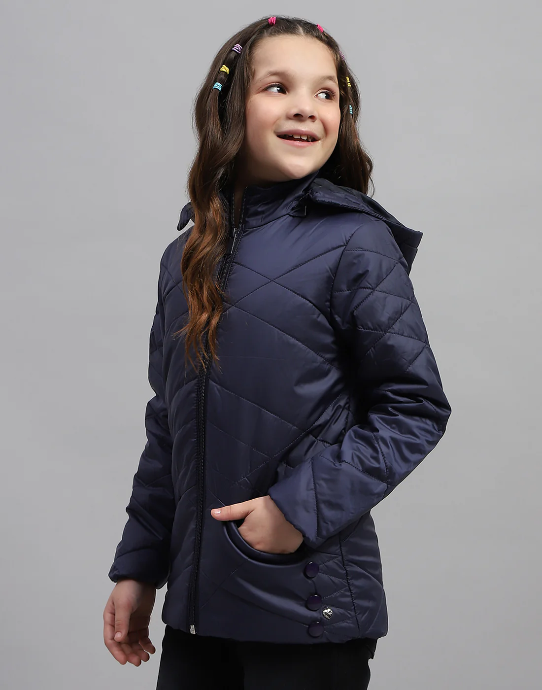 Girls Navy Blue Solid Hooded Full Sleeve Jacket - Image 3