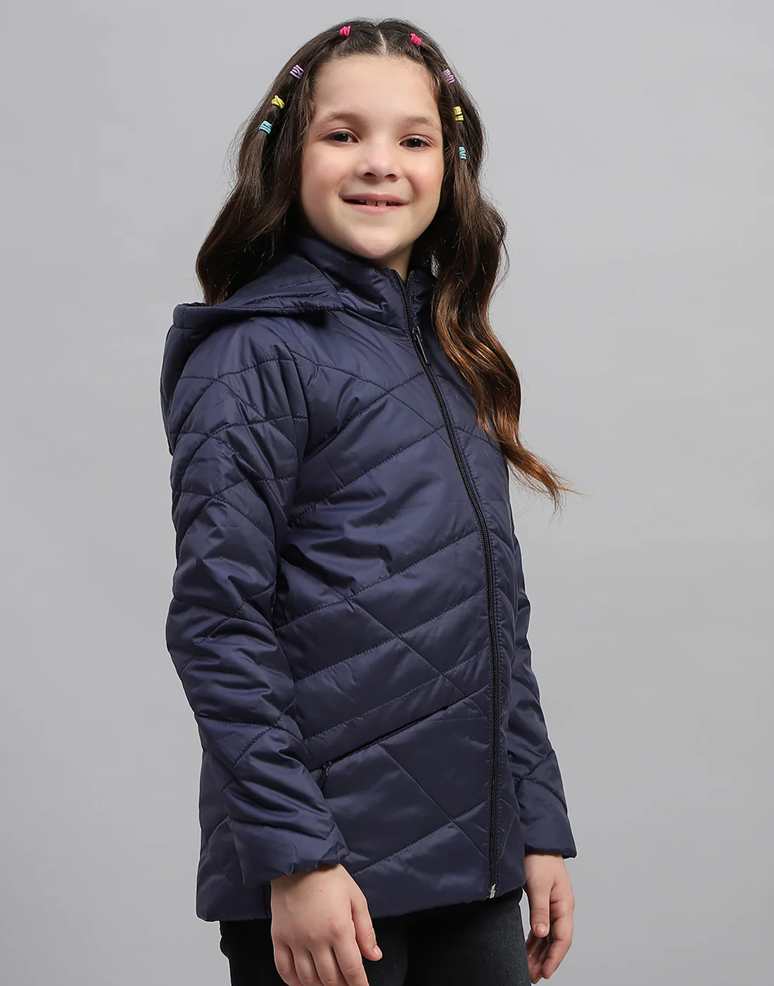 Girls Navy Blue Solid Hooded Full Sleeve Jacket - Image 4