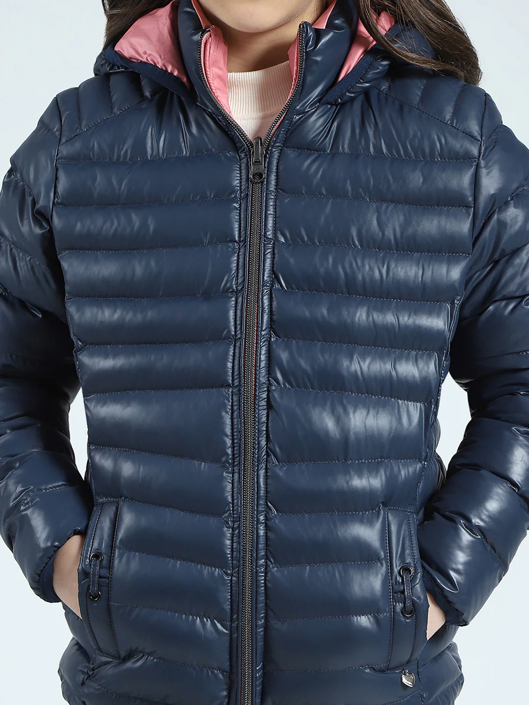 Girls Navy Blue Solid Hooded Full Sleeve Reversible Jacket - Image 10