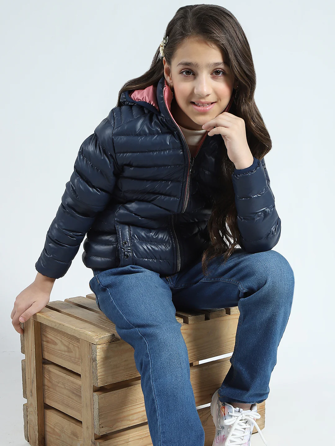 Girls Navy Blue Solid Hooded Full Sleeve Reversible Jacket - Image 6