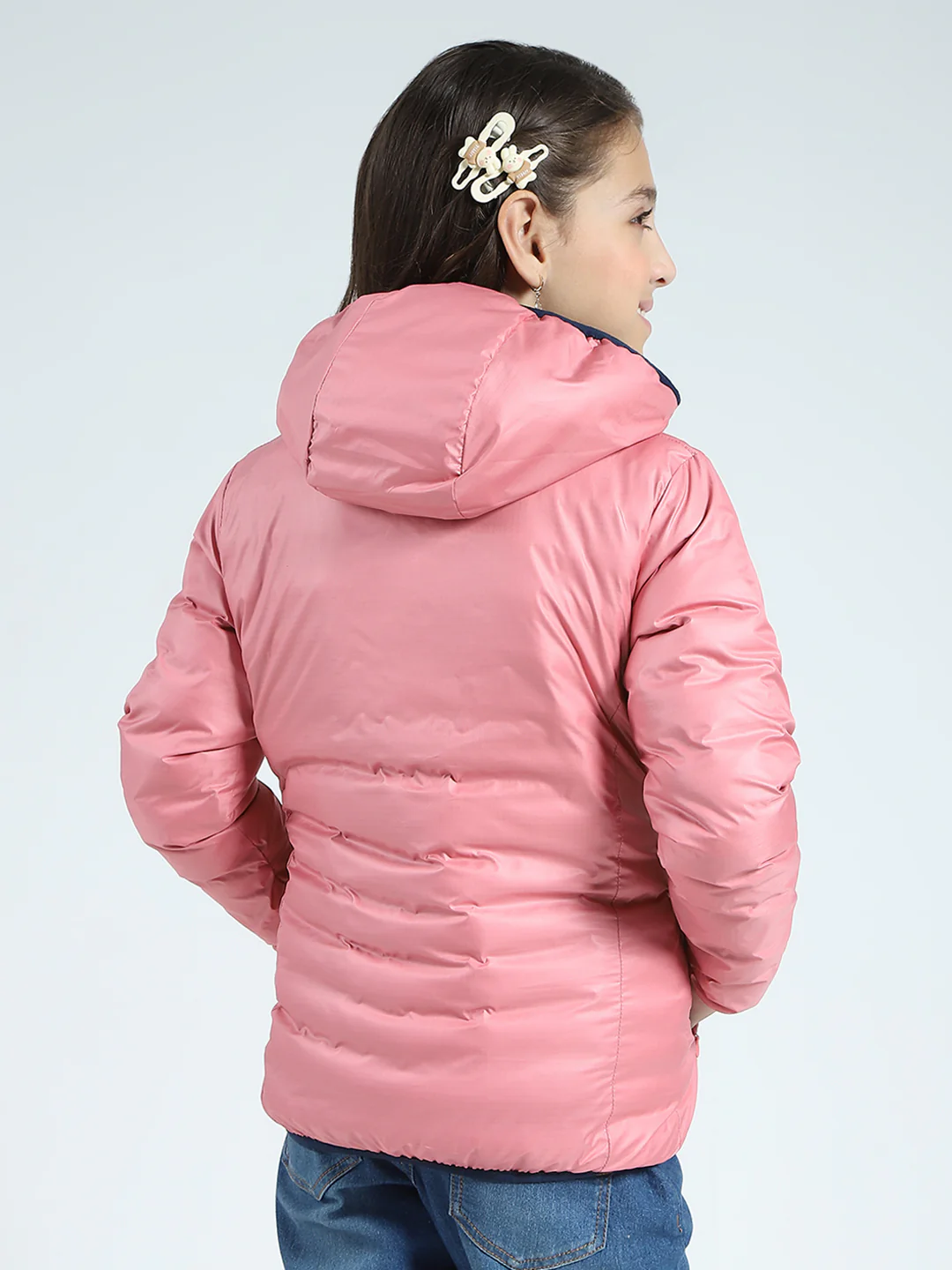 Girls Navy Blue Solid Hooded Full Sleeve Reversible Jacket - Image 9
