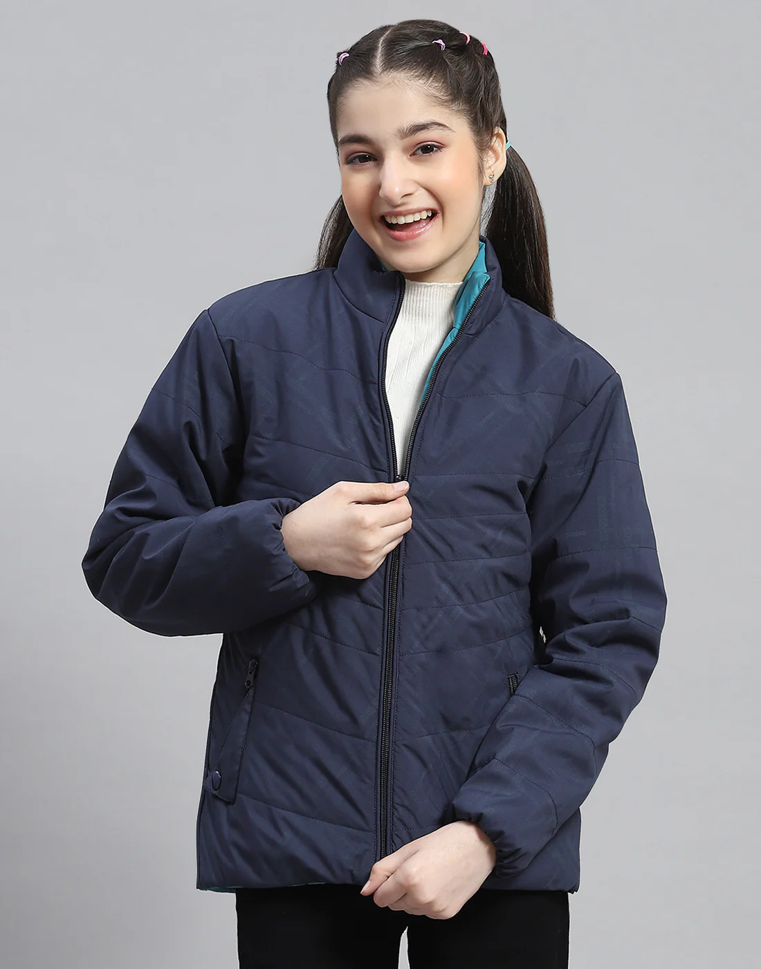 Girls Navy Blue Solid Stand Collar Full Sleeve Reversible Jacket - Image 2