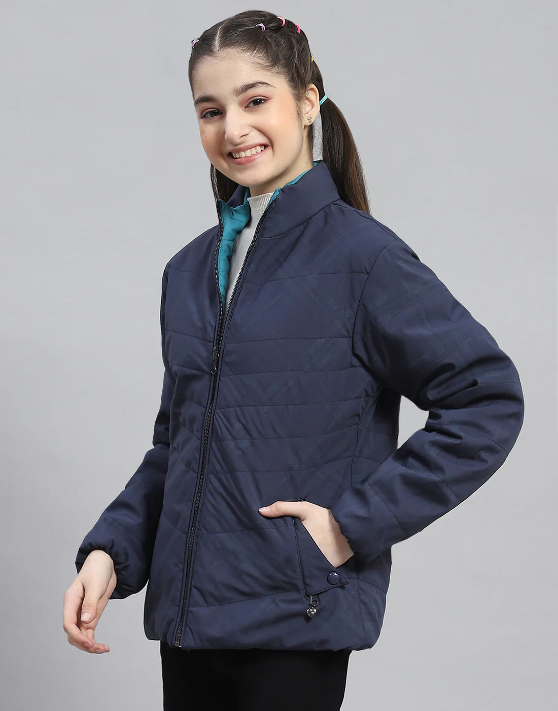 Girls Navy Blue Solid Stand Collar Full Sleeve Reversible Jacket - Image 3