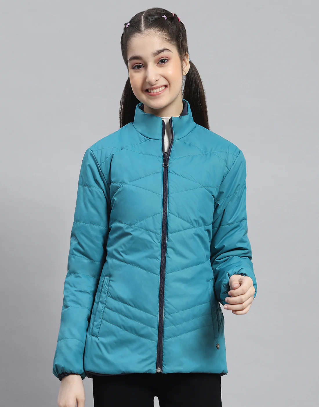 Girls Navy Blue Solid Stand Collar Full Sleeve Reversible Jacket - Image 6