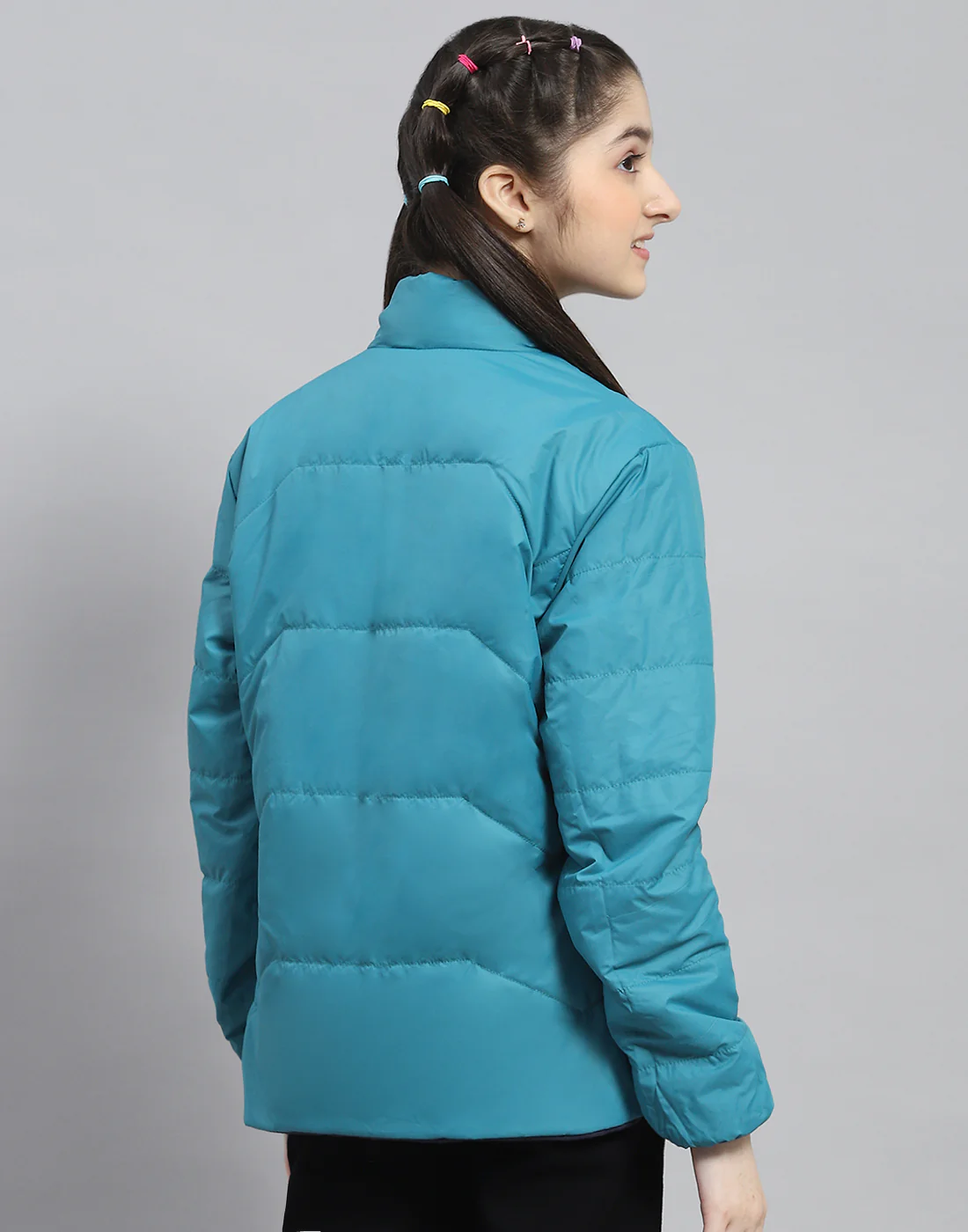 Girls Navy Blue Solid Stand Collar Full Sleeve Reversible Jacket - Image 7