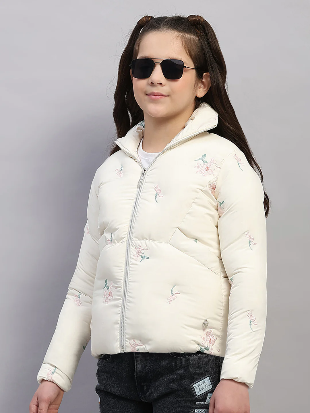 Girls Off White Embroidered Collar Full Sleeve Jacket - Image 3