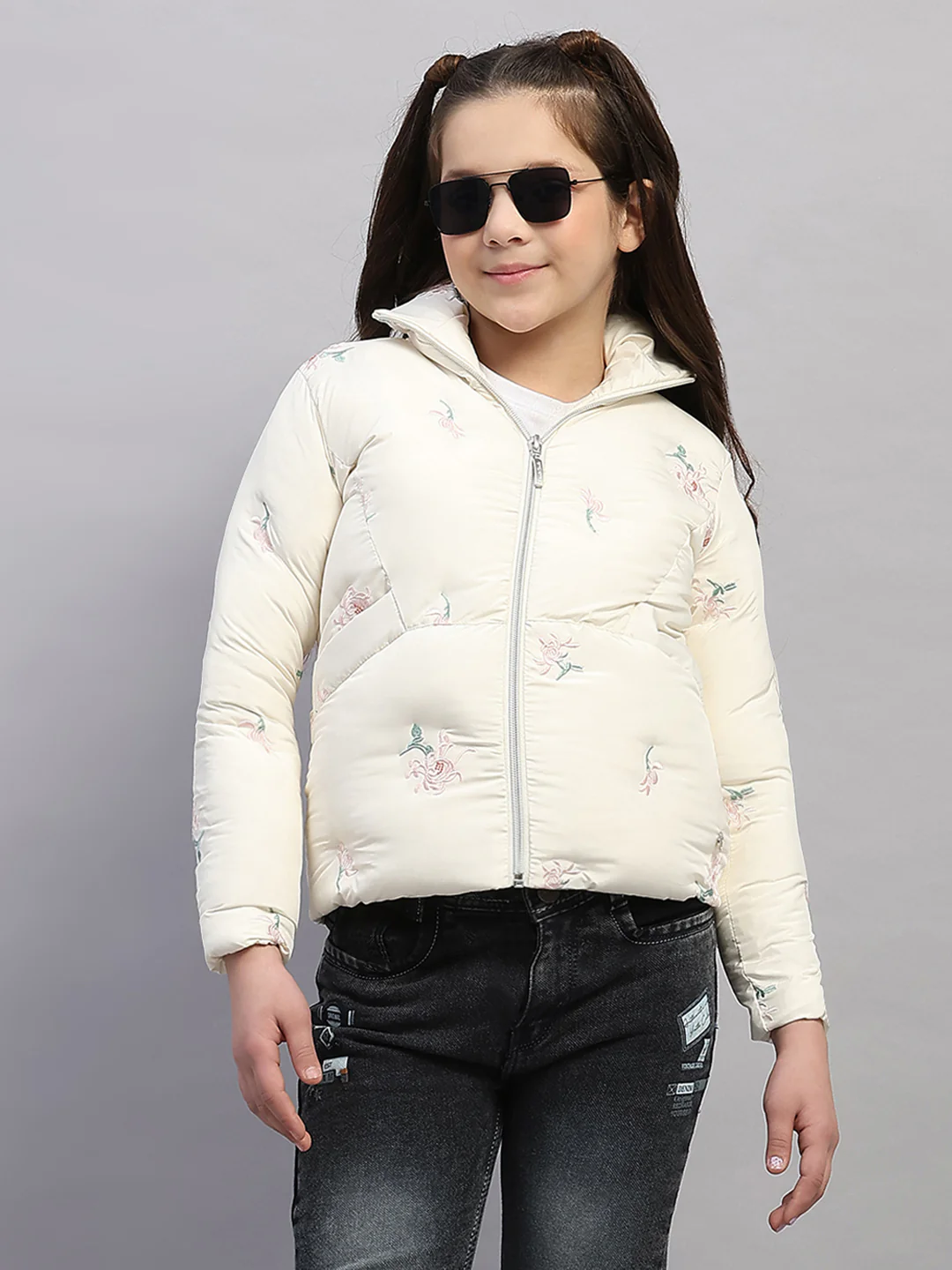 Girls Off White Embroidered Collar Full Sleeve Jacket - Image 6