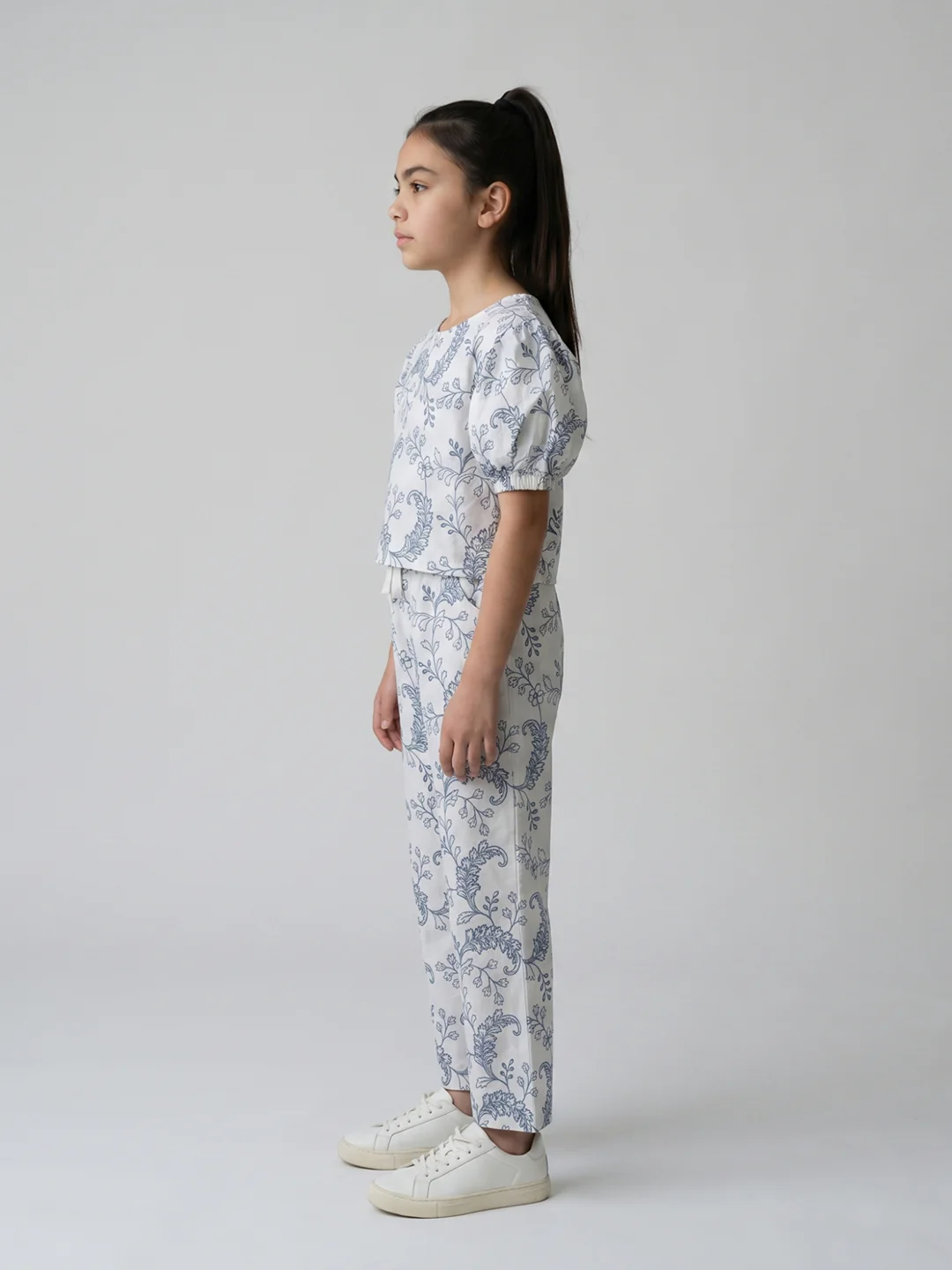 Girls Off White Embroidered Round Neck Half Sleeve Cords Set - Image 3