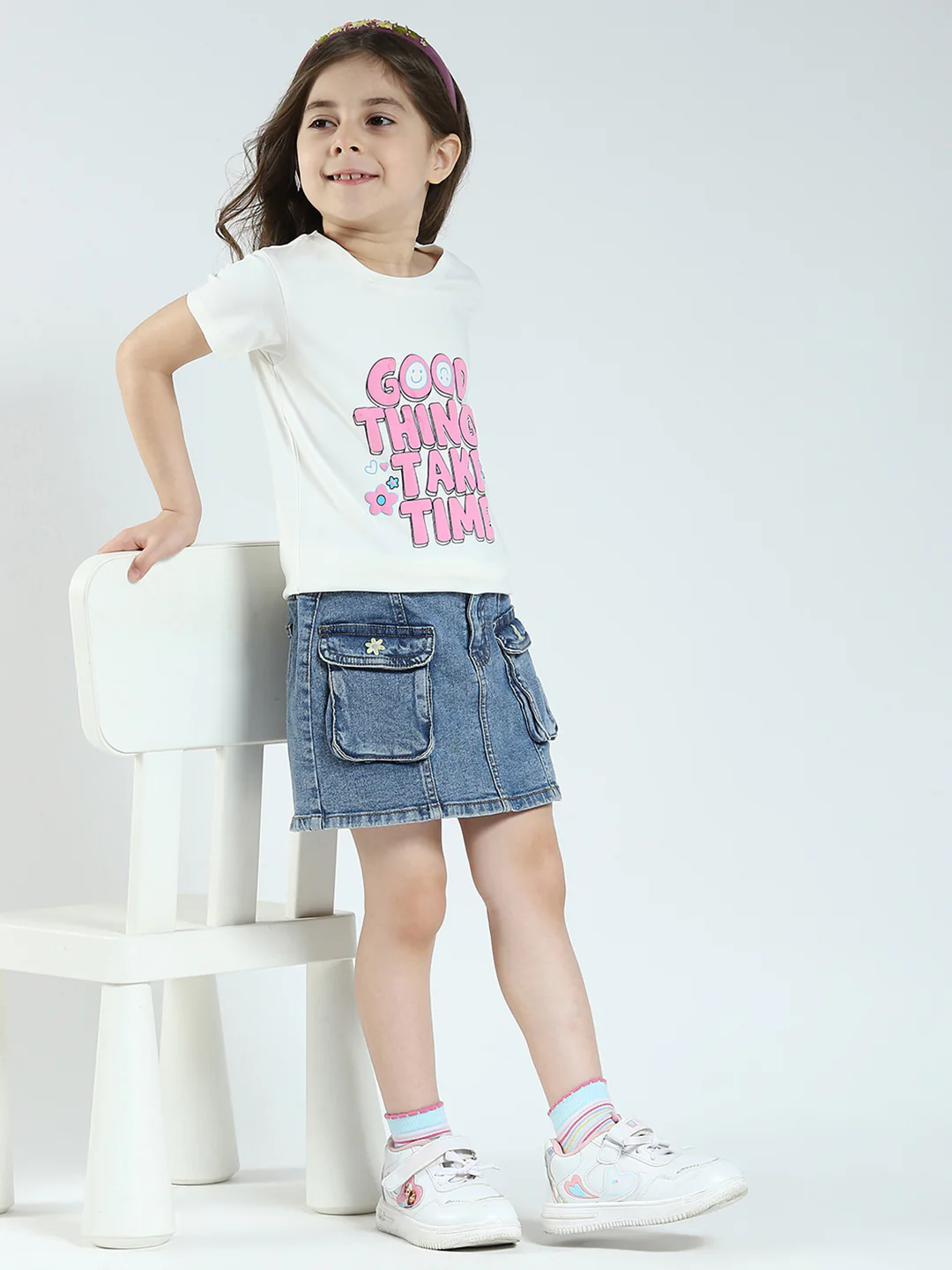 Girls Off White & Pink Printed Round Neck Half Sleeve Top 2Pc Set - Image 2
