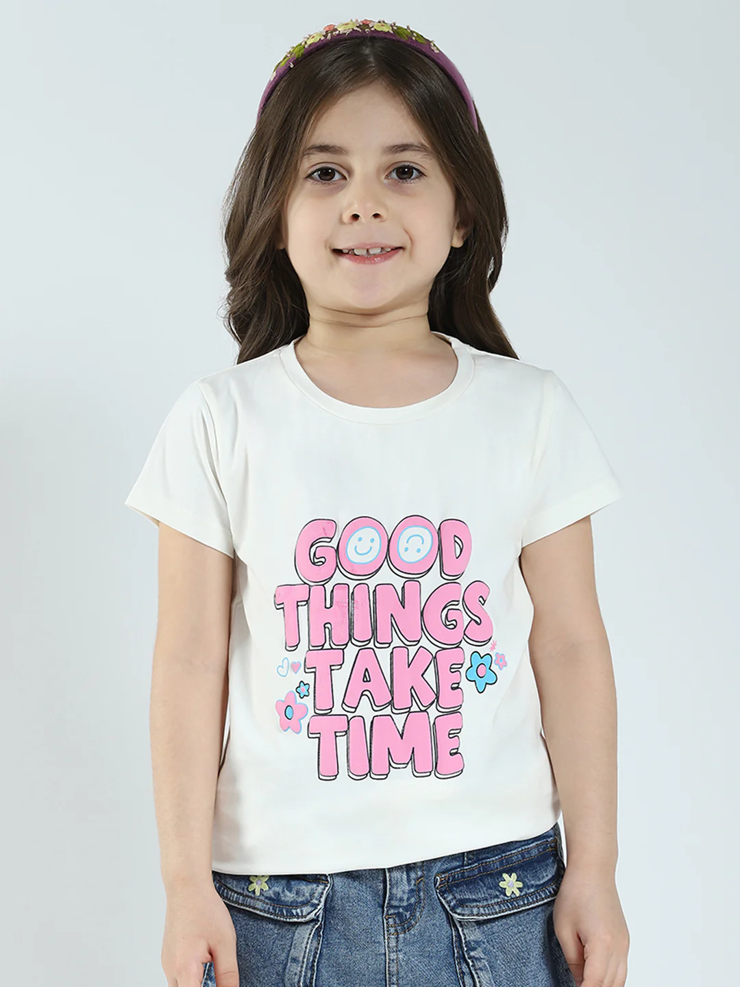 Girls Off White & Pink Printed Round Neck Half Sleeve Top 2Pc Set - Image 3