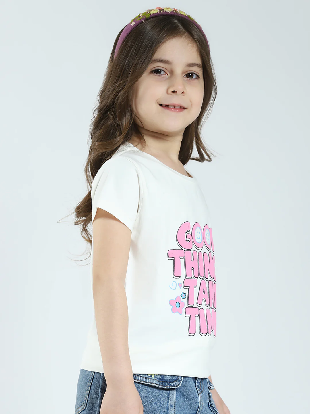 Girls Off White & Pink Printed Round Neck Half Sleeve Top 2Pc Set - Image 5