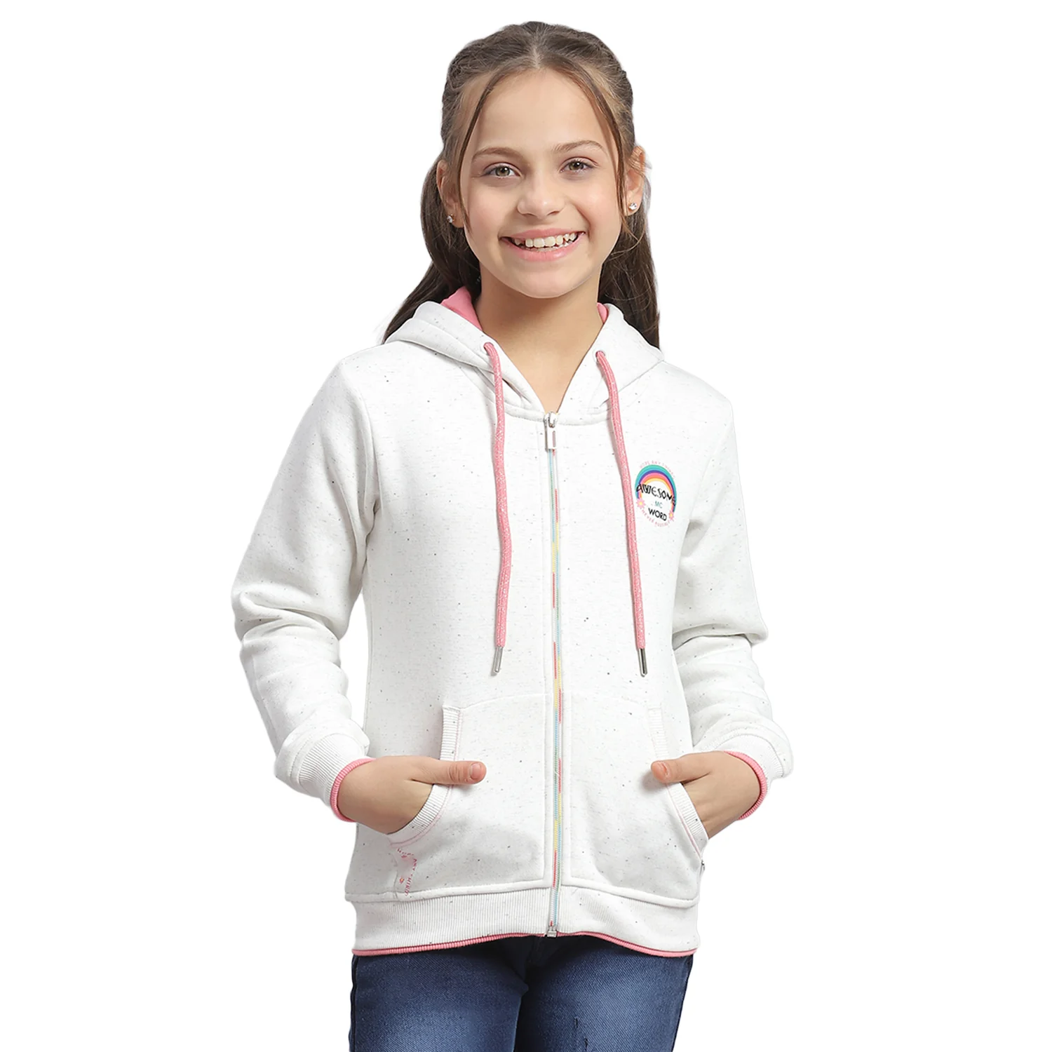 Girls Off White Printed Hooded Full Sleeve Sweatshirt - Image 5
