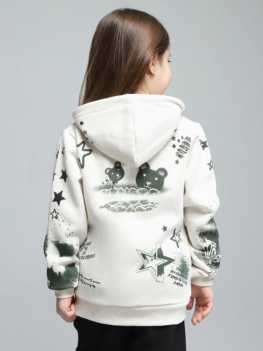 Girls Off White Printed Hooded Full Sleeve Sweatshirt - Image 5