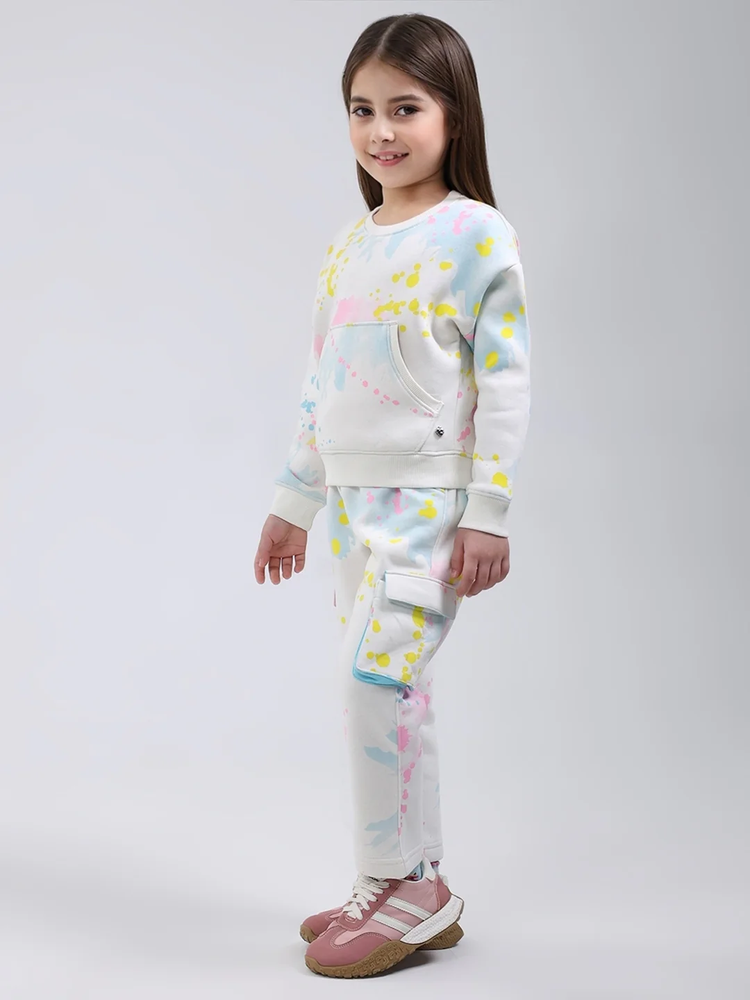 Girls Off White Printed Round Neck Full Sleeve Tracksuit - Image 3