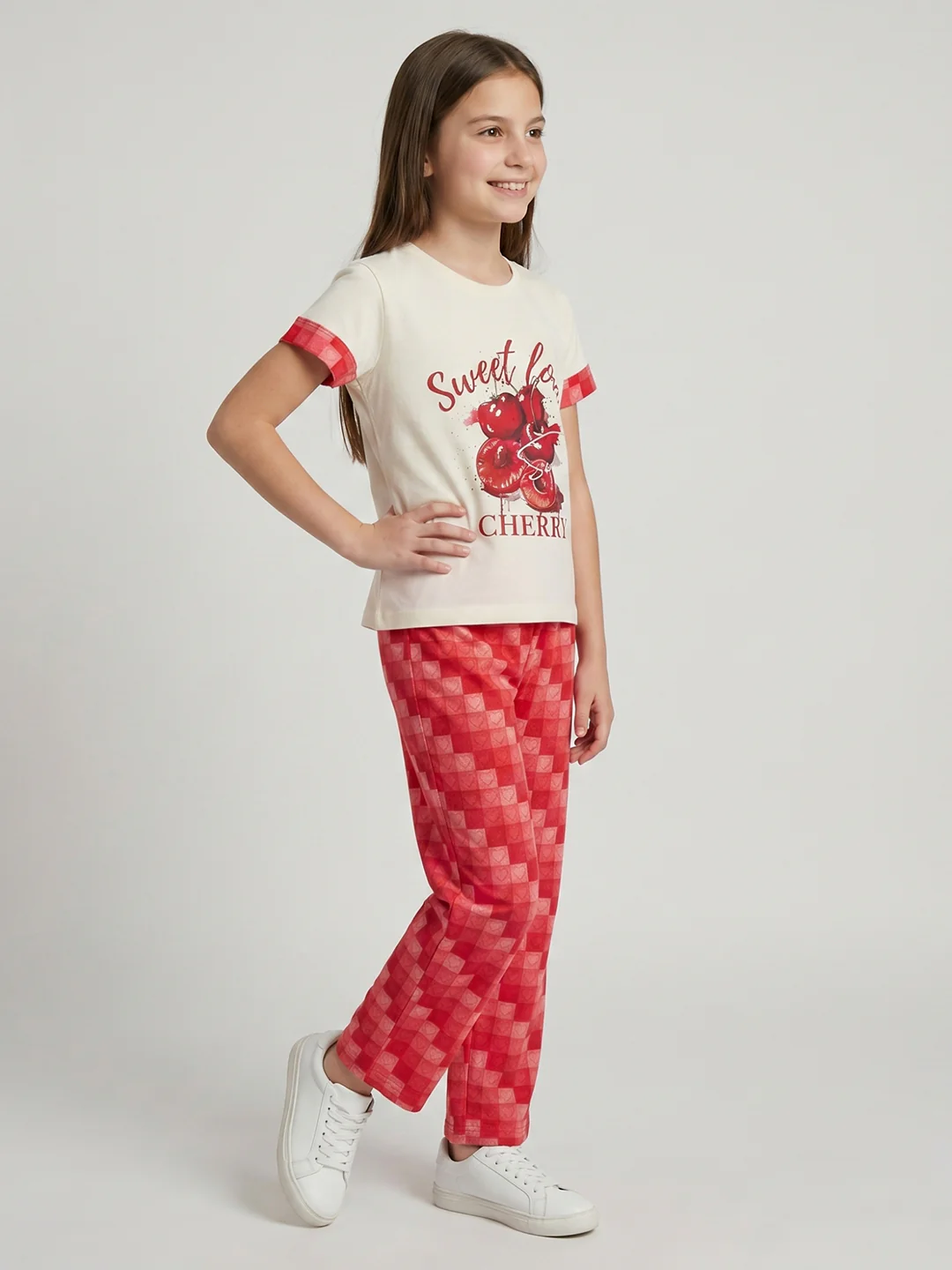 Girls Off White Printed Round Neck Half Sleeve Lower Set - Image 2