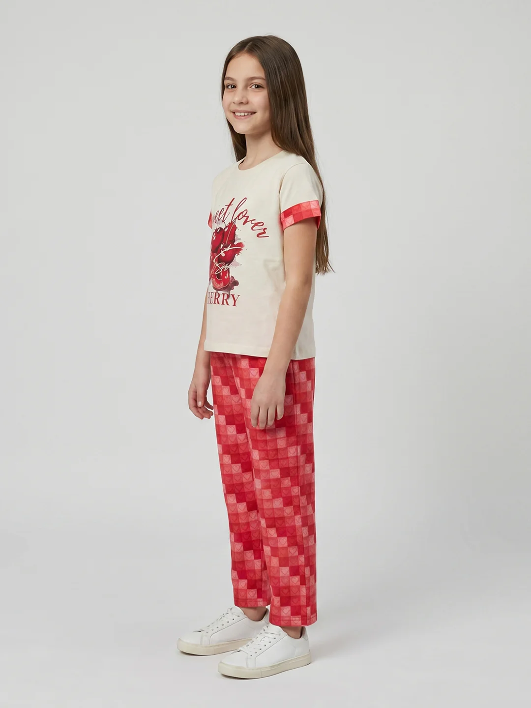 Girls Off White Printed Round Neck Half Sleeve Lower Set - Image 3