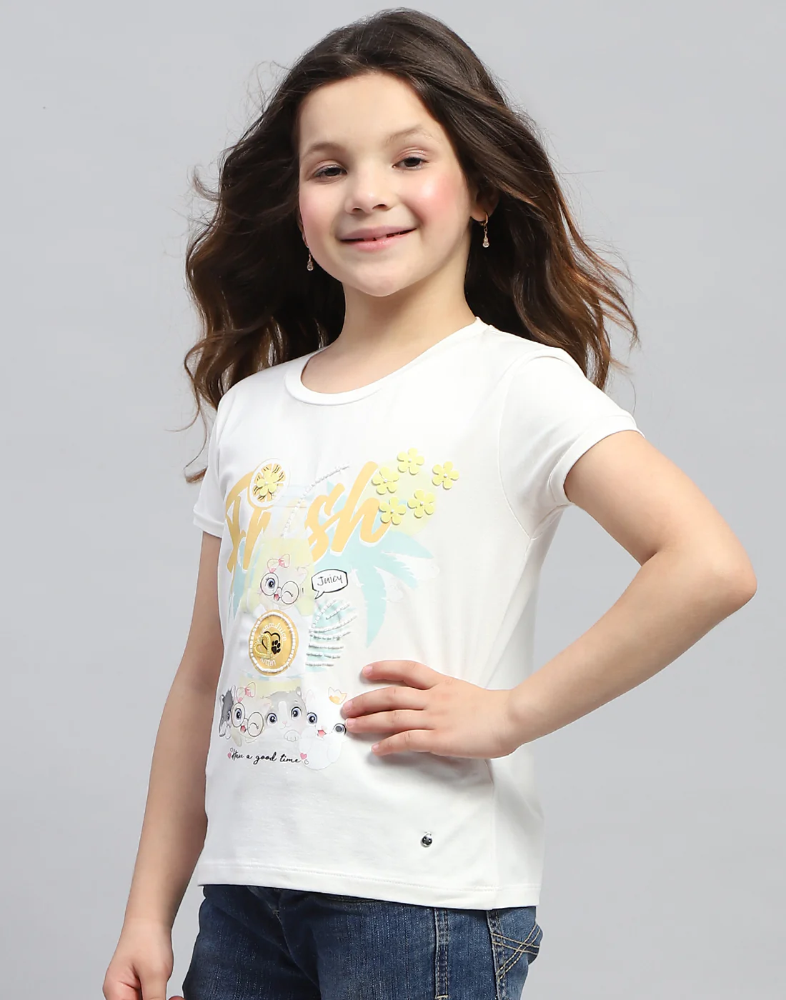 Girls Off White Printed Round Neck Half Sleeve Top - Image 3