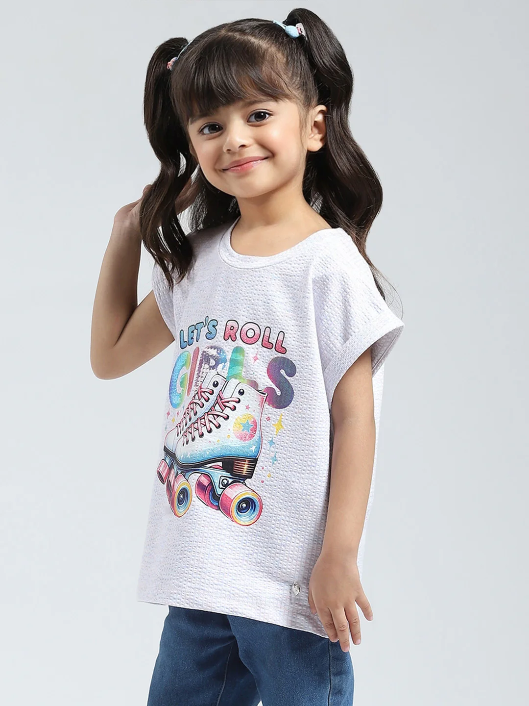 Girls Off White Printed Round Neck Half Sleeve Top - Image 3