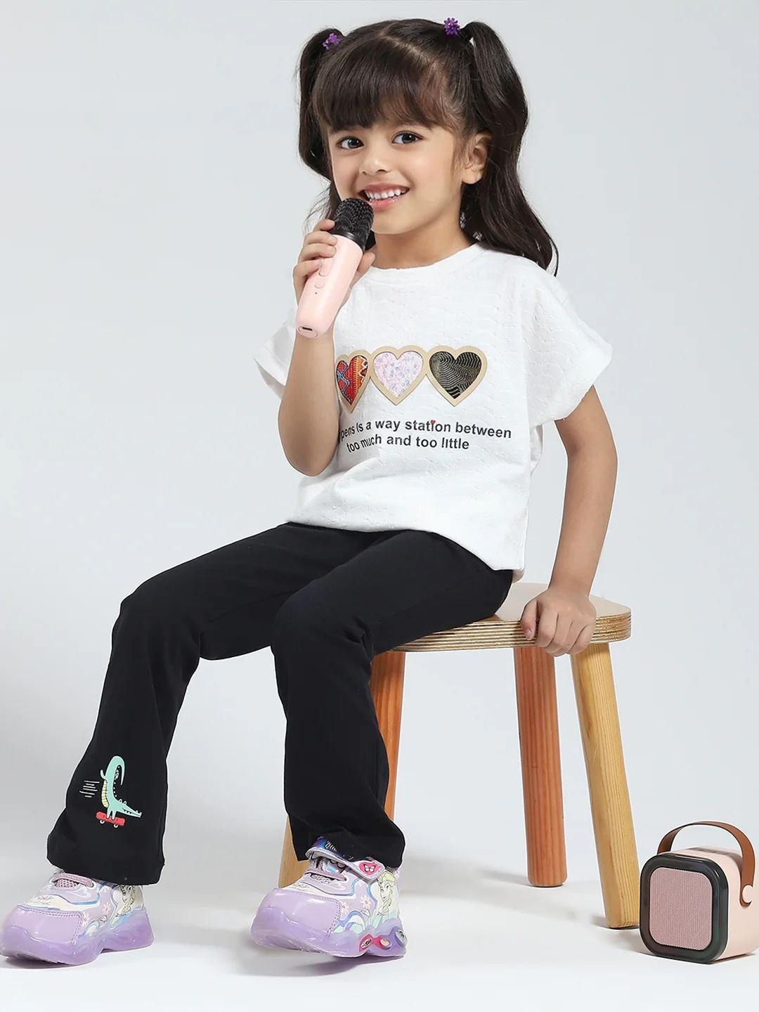 Girls Off White Printed Round Neck Half Sleeve Top - Image 2