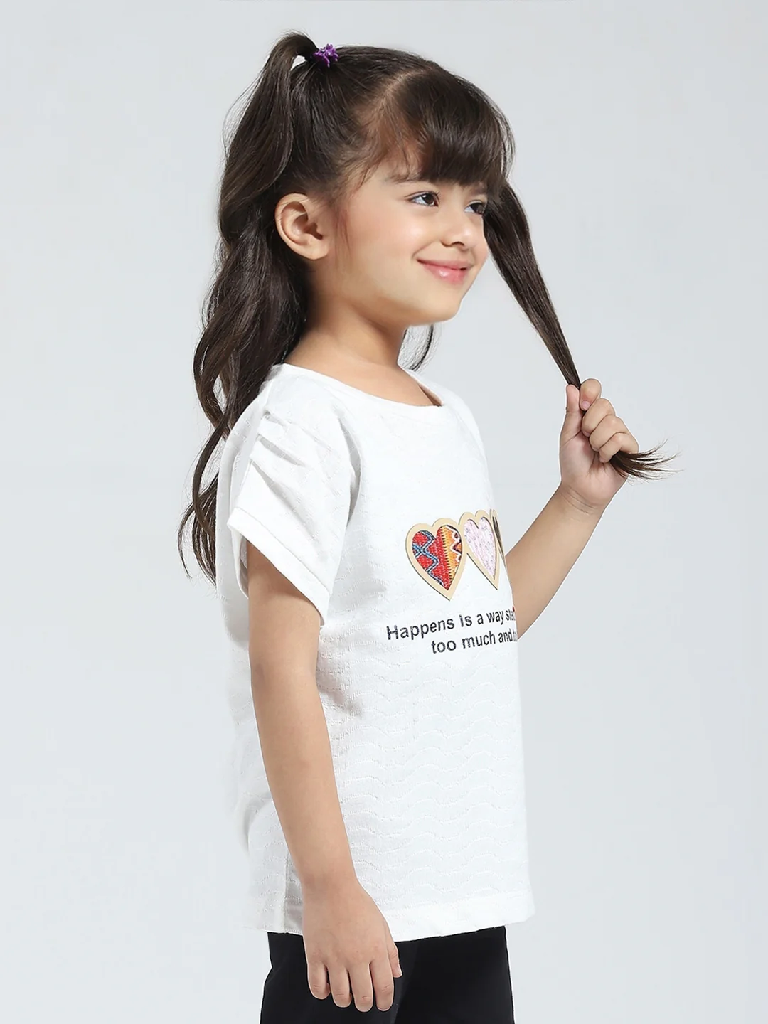 Girls Off White Printed Round Neck Half Sleeve Top - Image 4