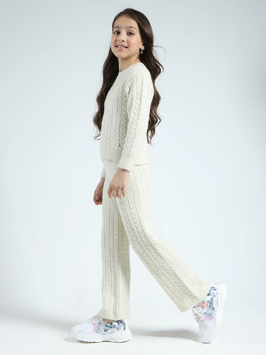 Girls Off White Self Design Round Neck Full Sleeve Cords Set - Image 3