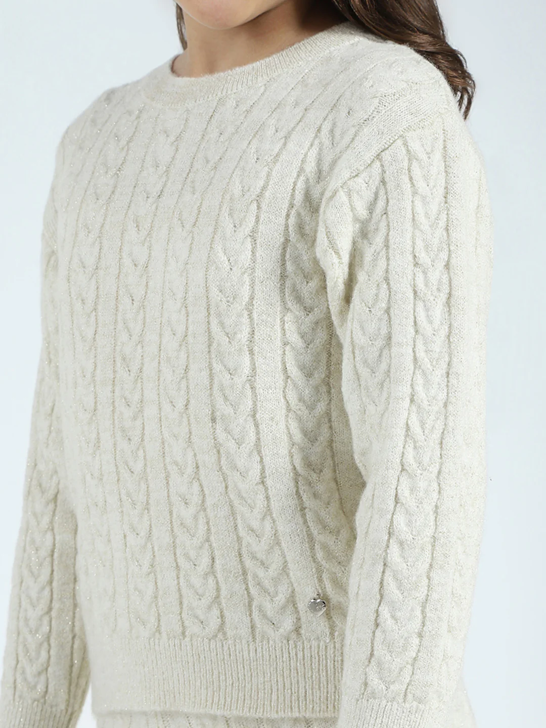 Girls Off White Self Design Round Neck Full Sleeve Cords Set - Image 7