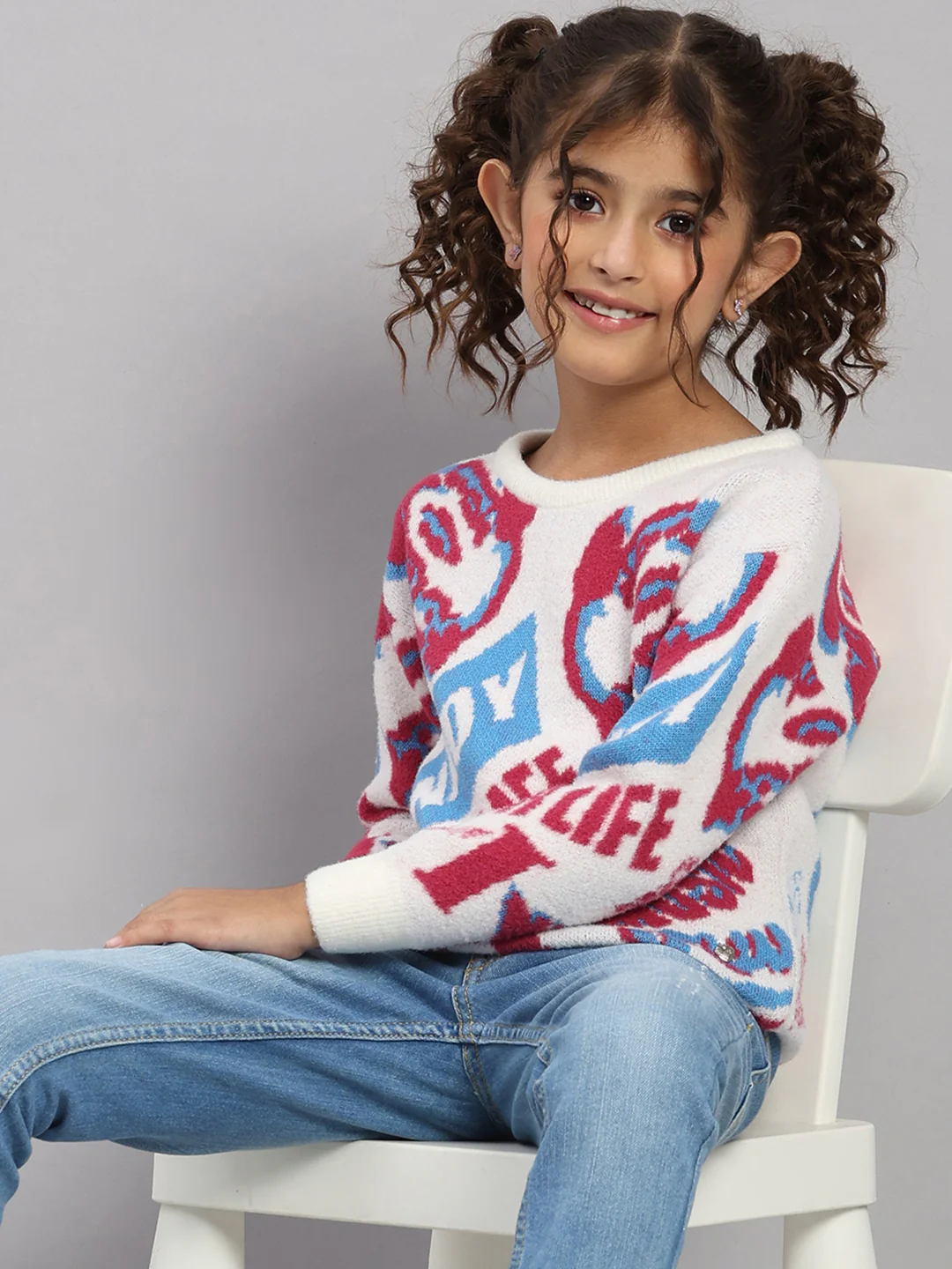 Girls Off White Self Design Round Neck Full Sleeve Pullover - Image 6
