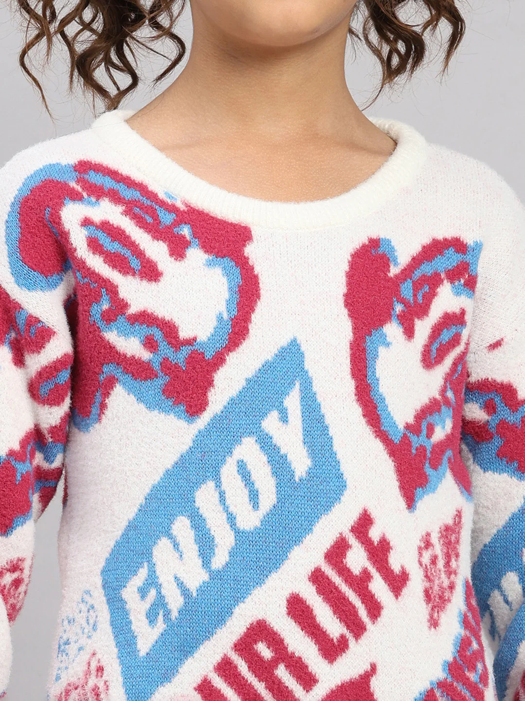 Girls Off White Self Design Round Neck Full Sleeve Pullover - Image 7