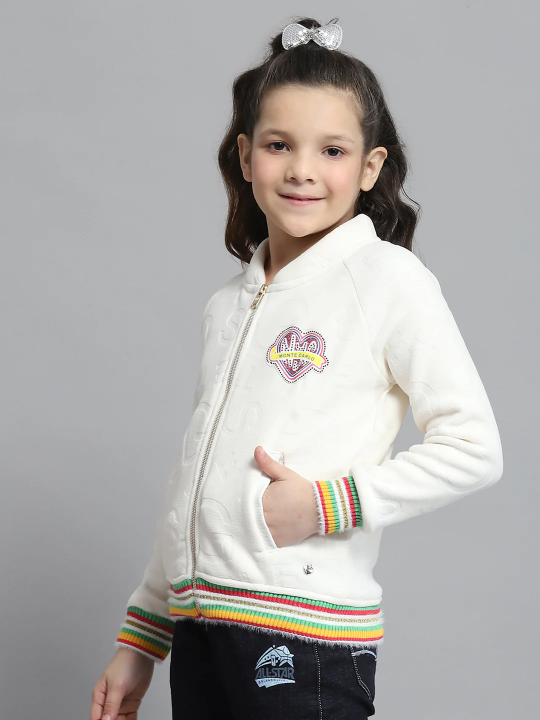 Girls Off White Self Design Round Neck Full Sleeve Sweatshirt - Image 3