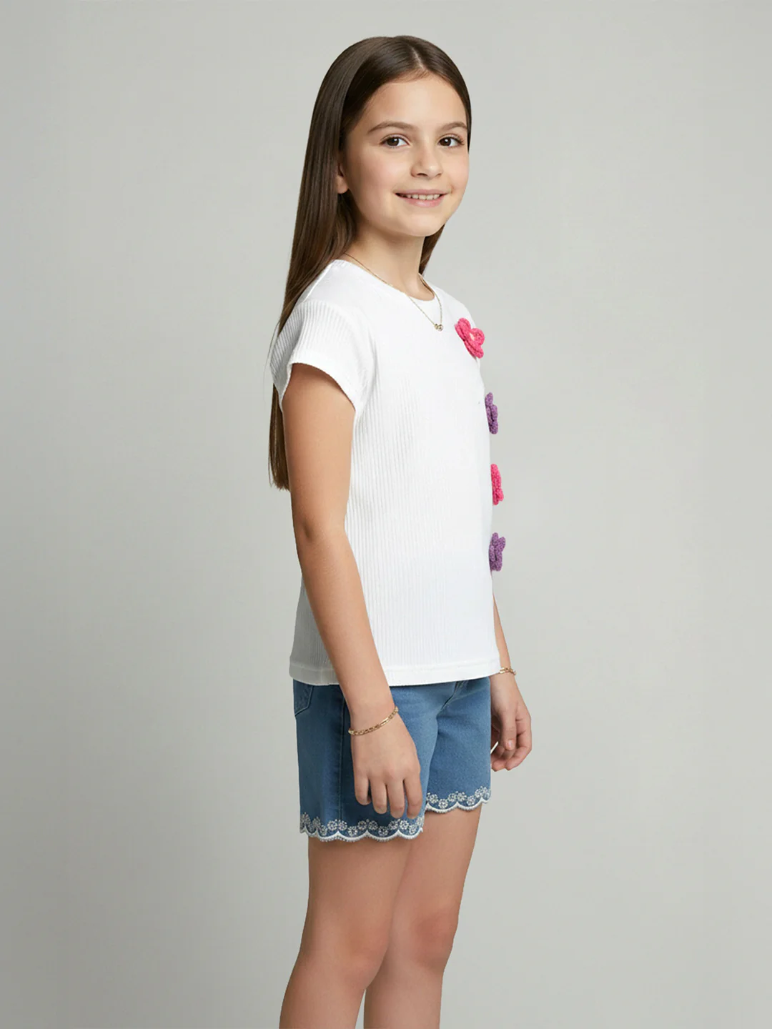 Girls Off White Self Design Round Neck Half Sleeve Top - Image 2