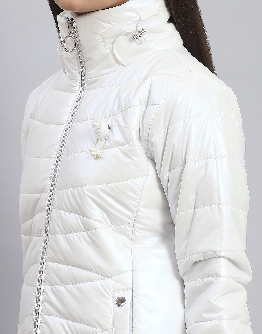 Girls Off White Solid Stand Collar Full Sleeve Girls Jacket - Image 7