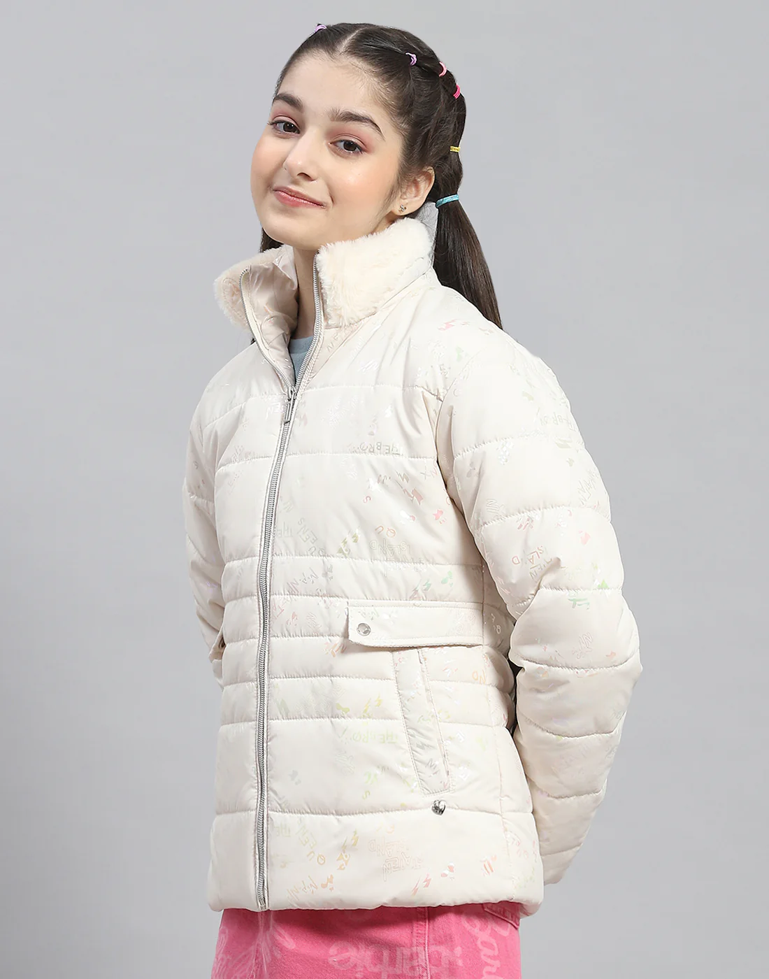 Girls Off White Solid Stand Collar Full Sleeve Girls Jacket - Image 2