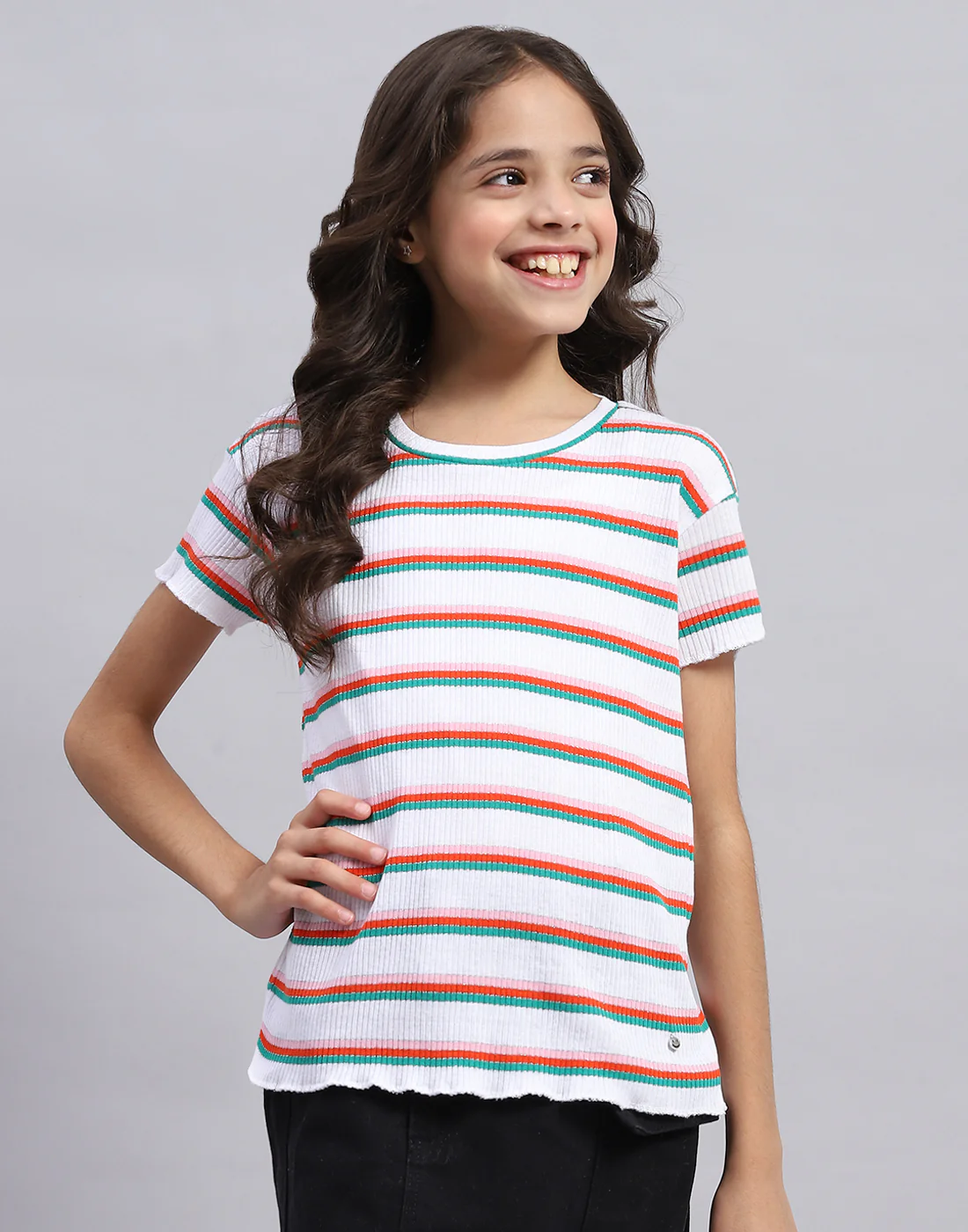 Girls Off White Stripe Round Neck Half Sleeve Top - Image 2