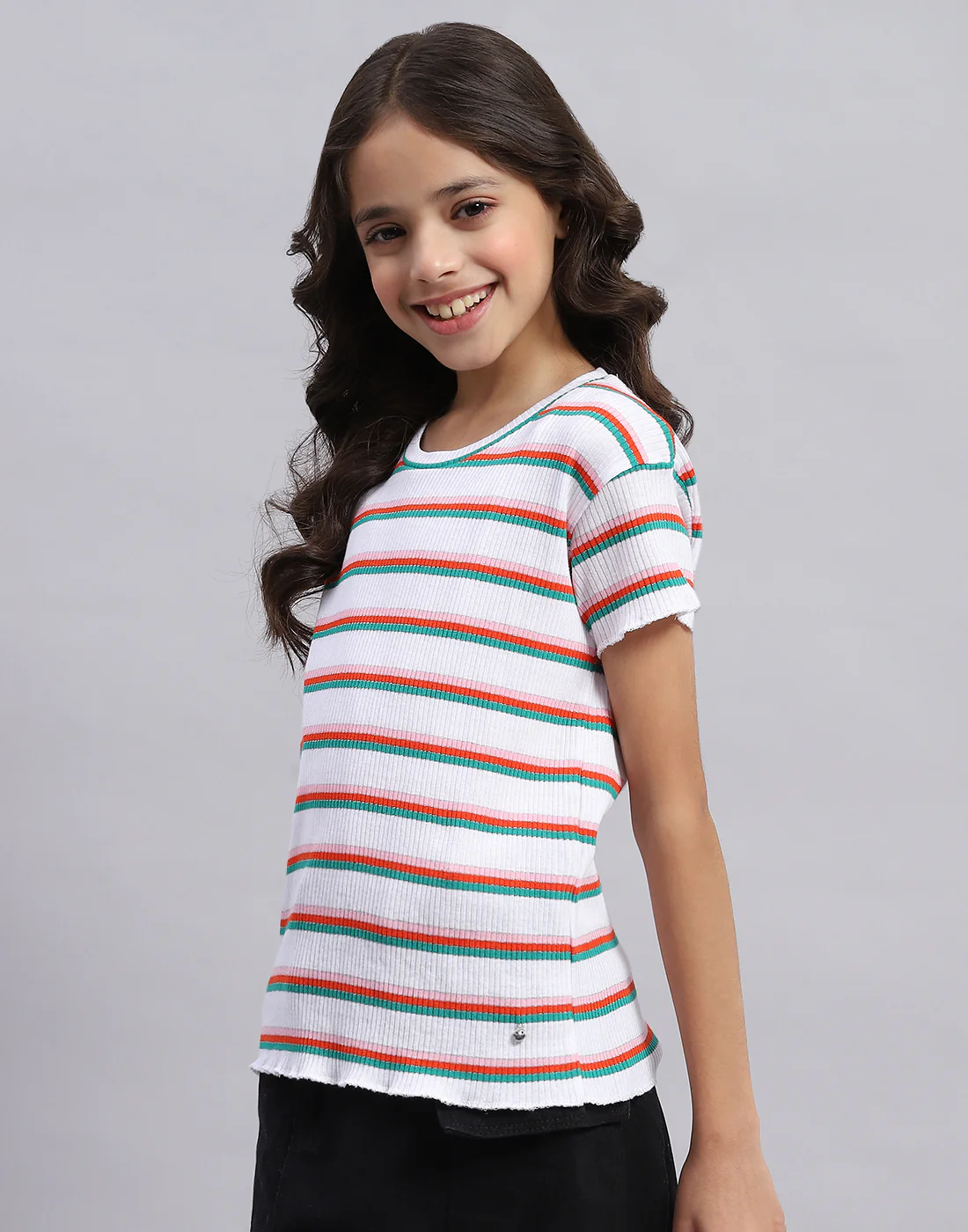 Girls Off White Stripe Round Neck Half Sleeve Top - Image 3