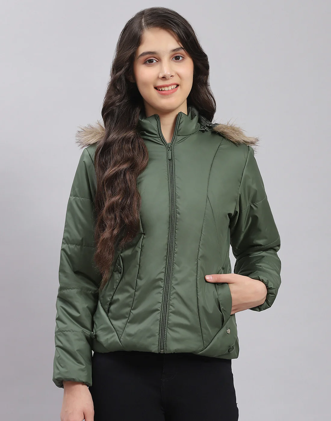 Girls Olive Solid Hooded Full Sleeve Girls Jacket - Image 3