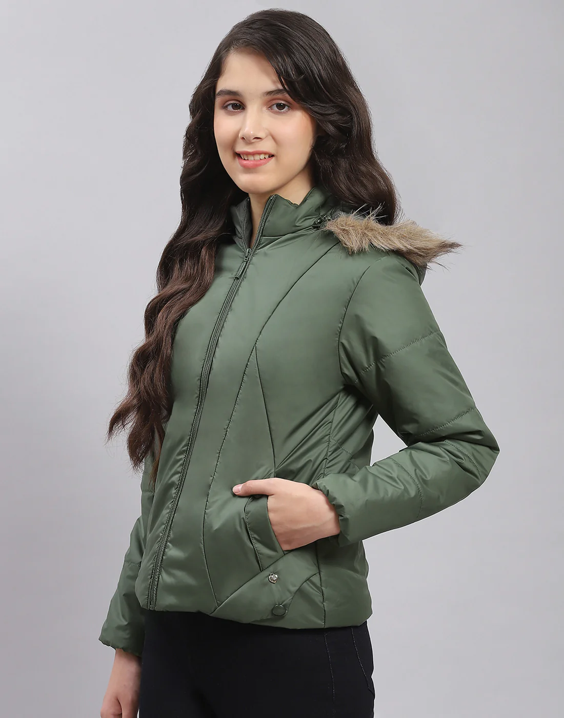 Girls Olive Solid Hooded Full Sleeve Girls Jacket - Image 4