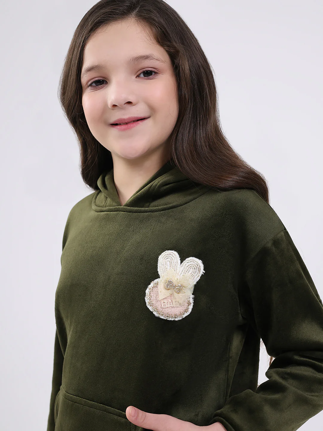 Girls Olive Solid Hooded Full Sleeve Sweatshirt - Image 7