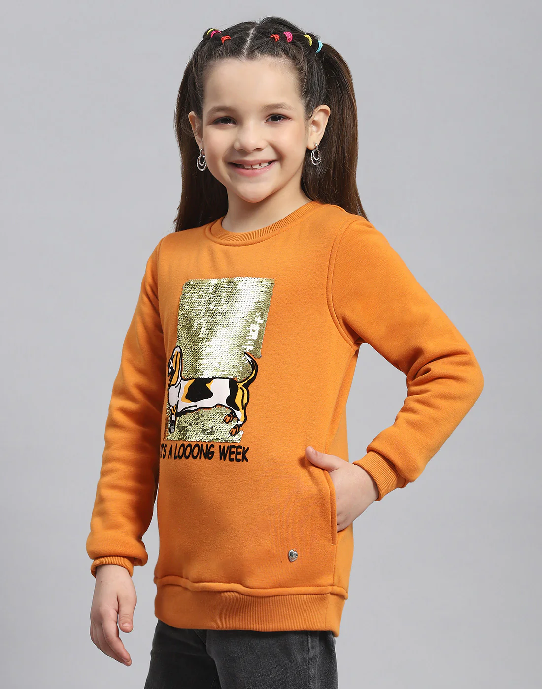 Girls Orange Embellished Round Neck Full Sleeve Sweatshirt - Image 3
