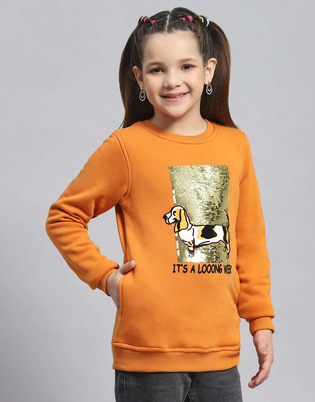 Girls Orange Embellished Round Neck Full Sleeve Sweatshirt - Image 4