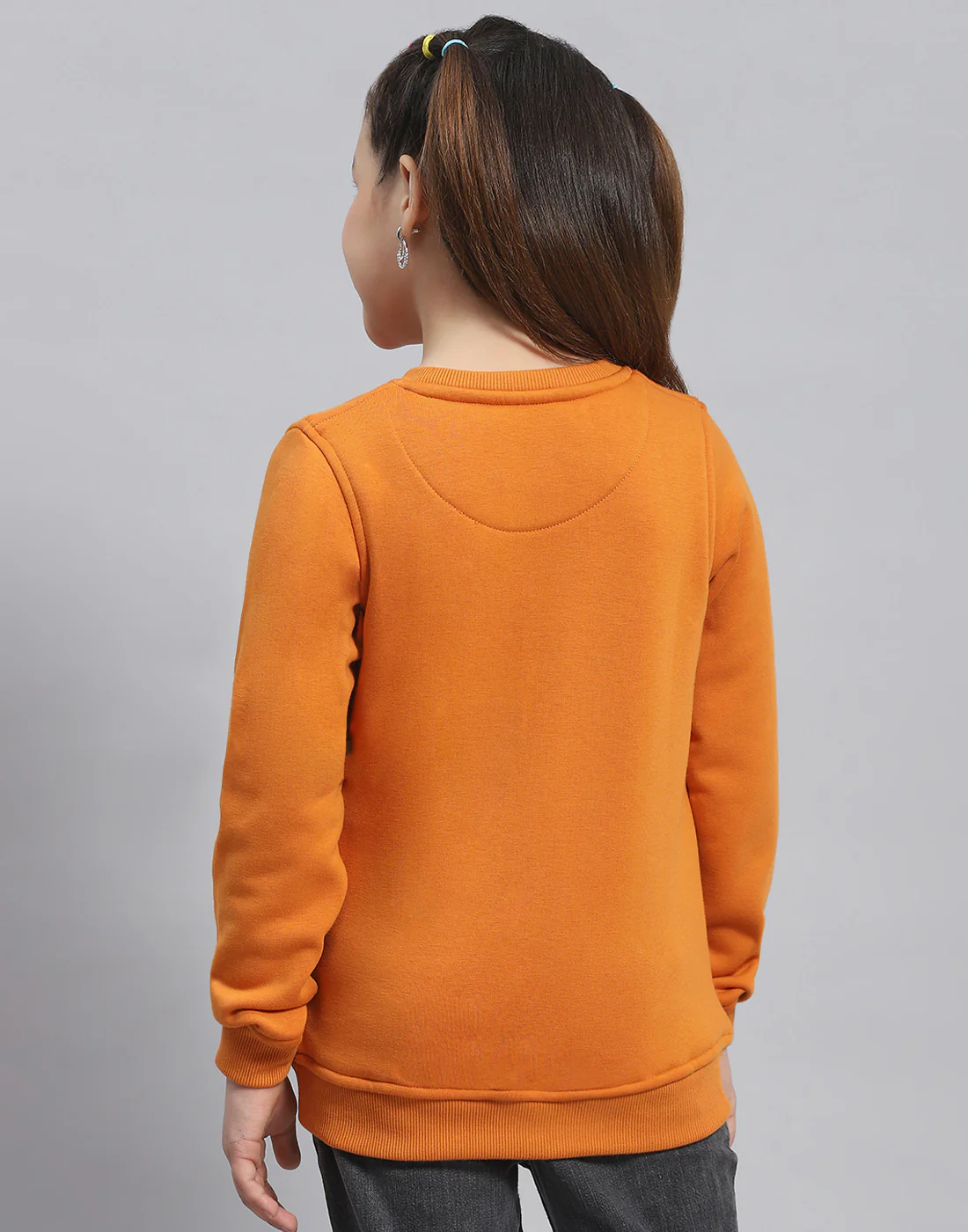 Girls Orange Embellished Round Neck Full Sleeve Sweatshirt - Image 5
