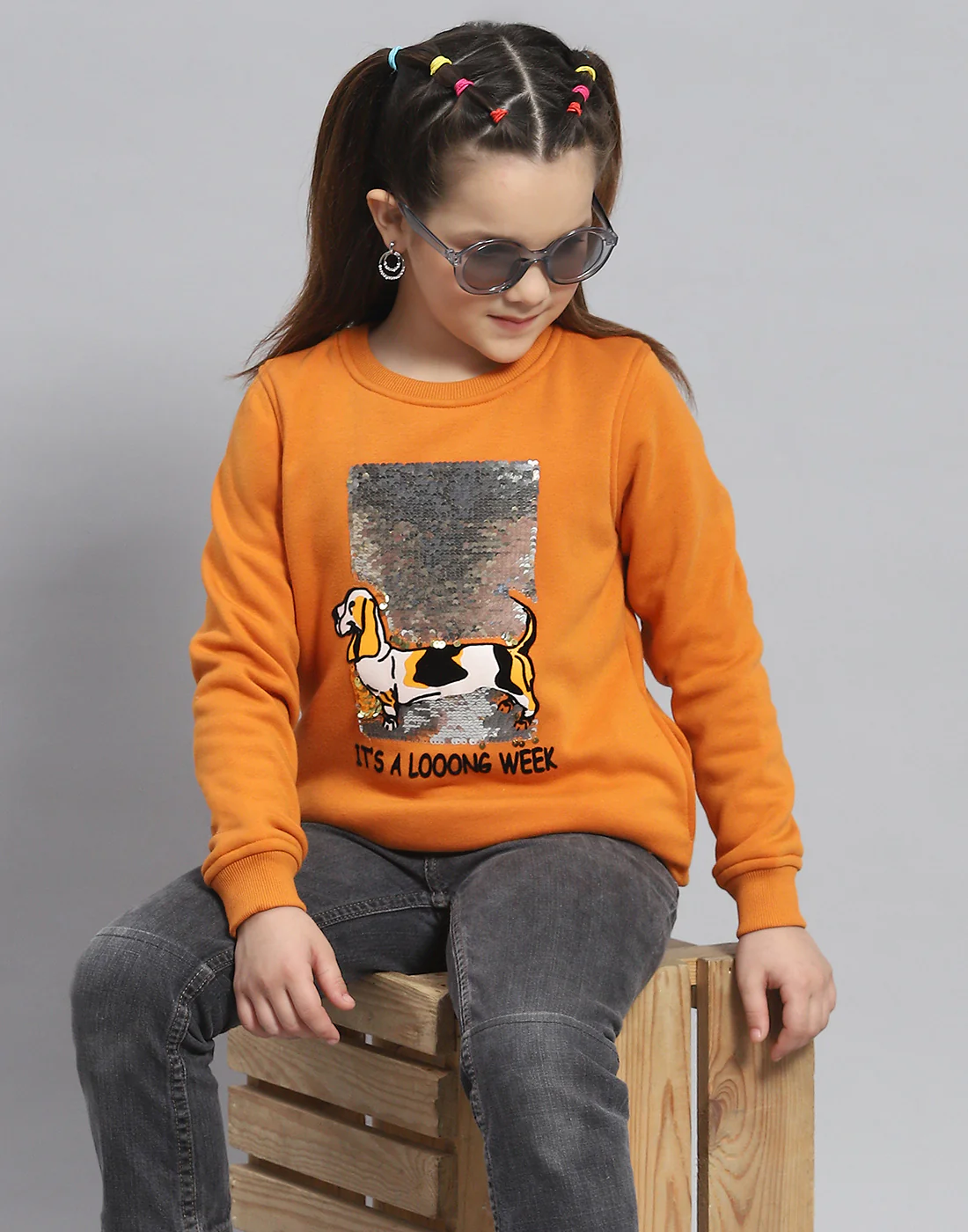 Girls Orange Embellished Round Neck Full Sleeve Sweatshirt - Image 6