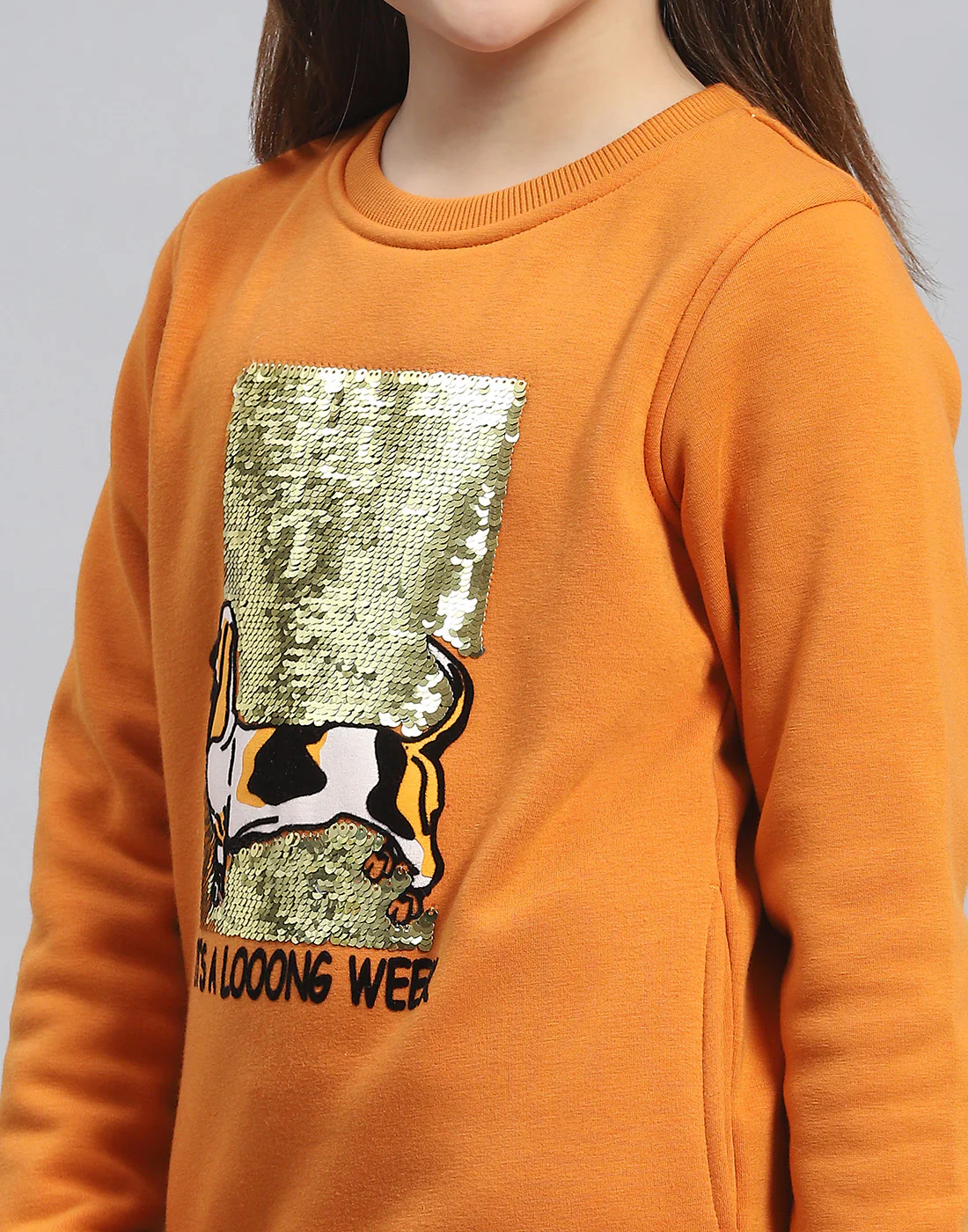 Girls Orange Embellished Round Neck Full Sleeve Sweatshirt - Image 7