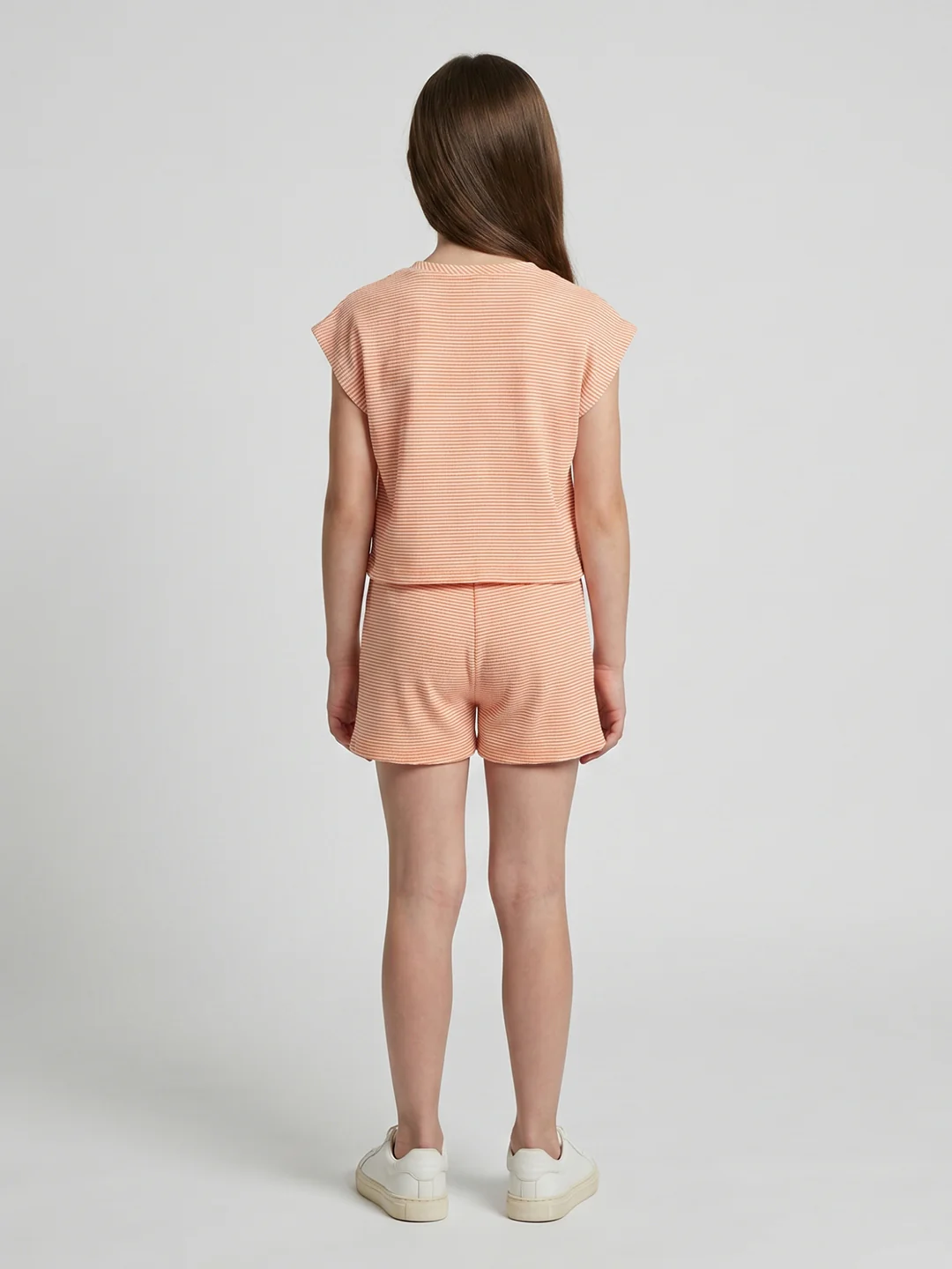 Girls Orange Jacquard Round Neck Half Sleeve Cords Set - Image 4