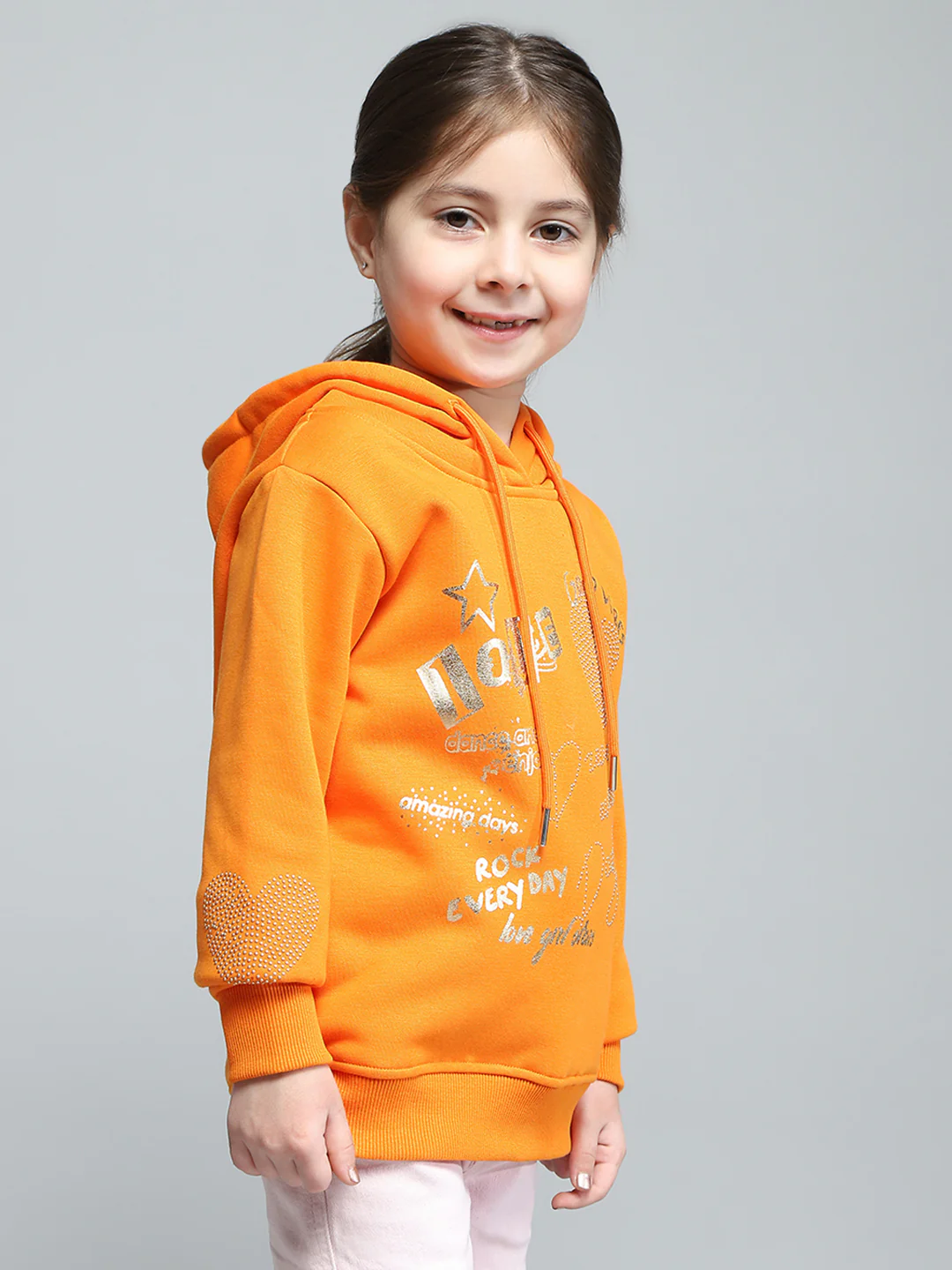 Girls Orange Printed Hooded Full Sleeve Sweatshirt - Image 4