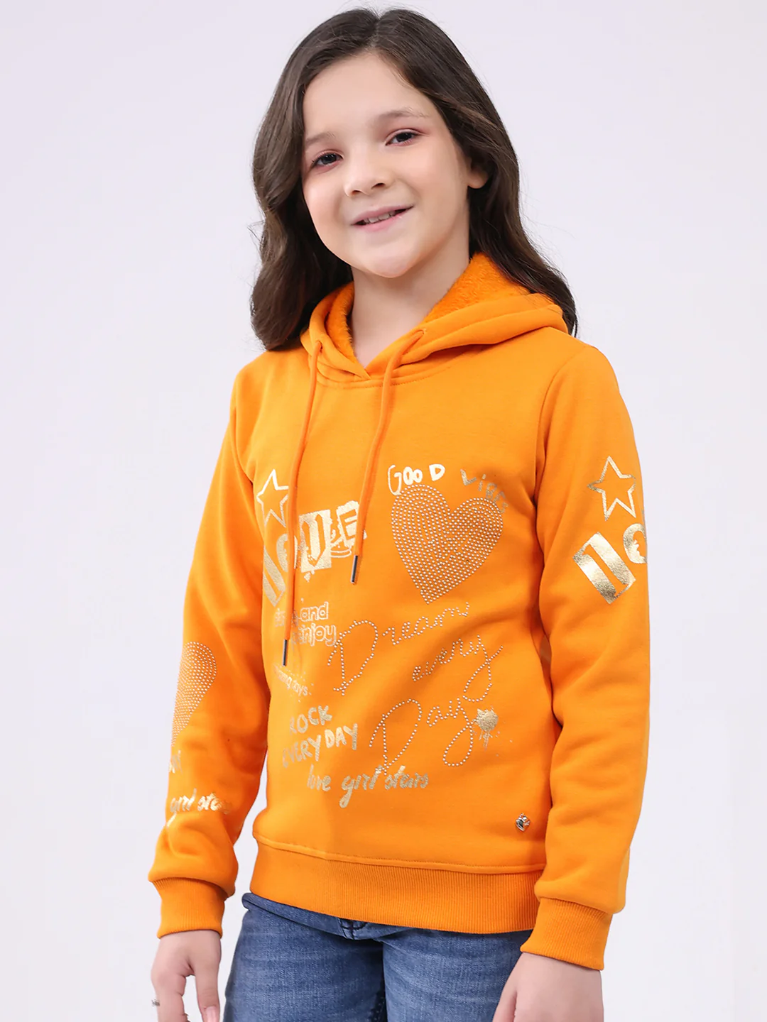 Girls Orange Printed Hooded Full Sleeve Sweatshirt - Image 3